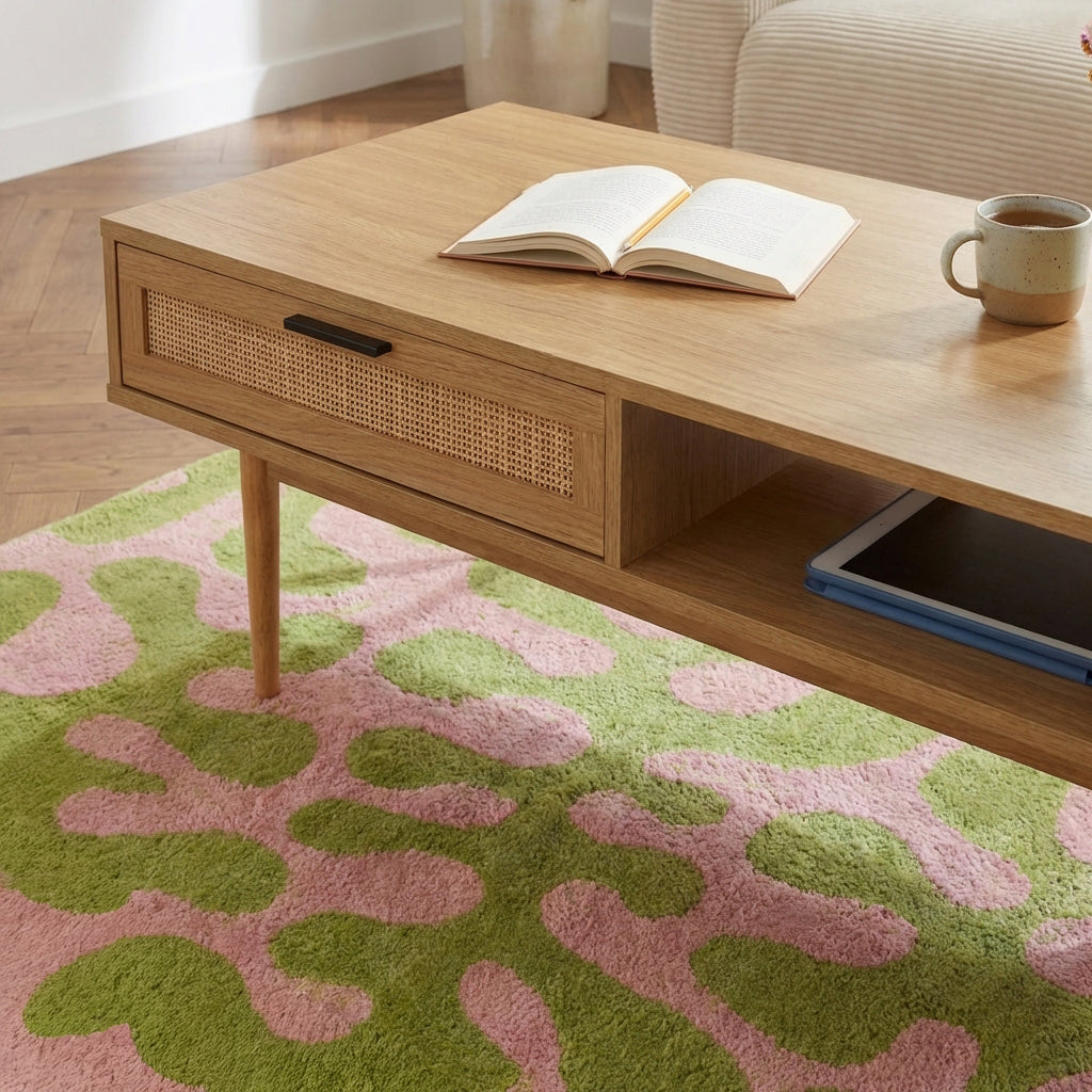 AMANA Coffee Table with Oak Effect and Rattan Cane - Light wood