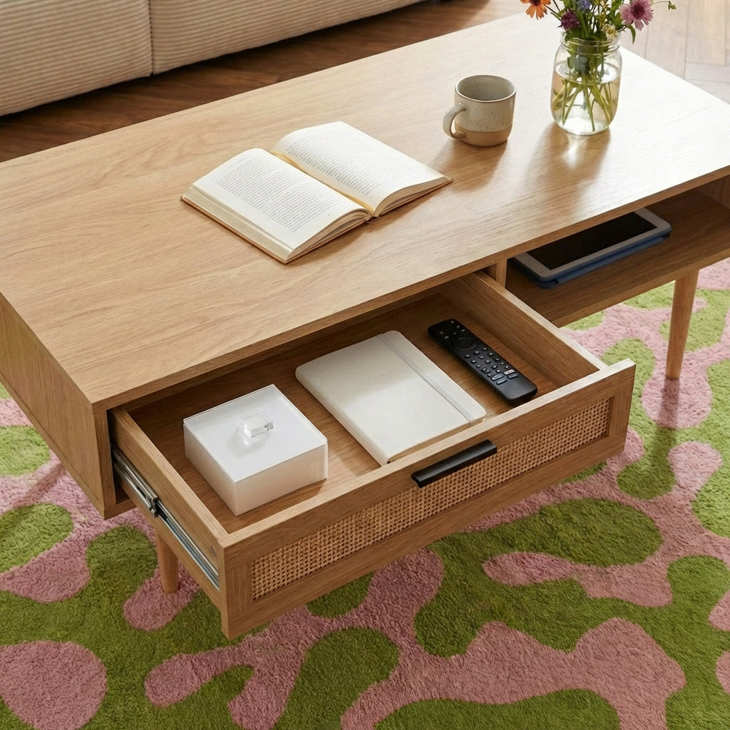 AMANA Coffee Table with Oak Effect and Rattan Cane - Light wood