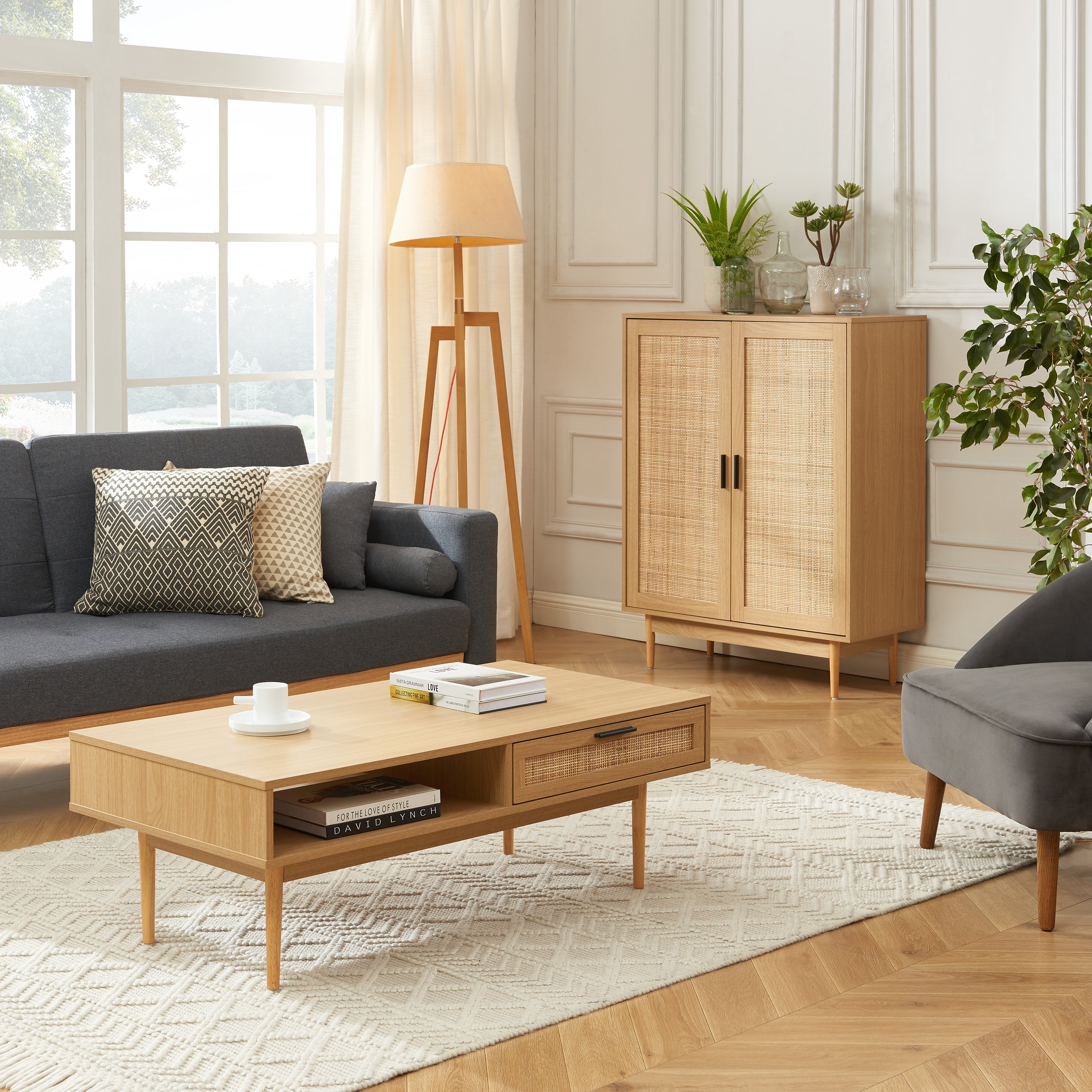 AMANA Coffee Table with Oak Effect and Rattan Cane - Light wood