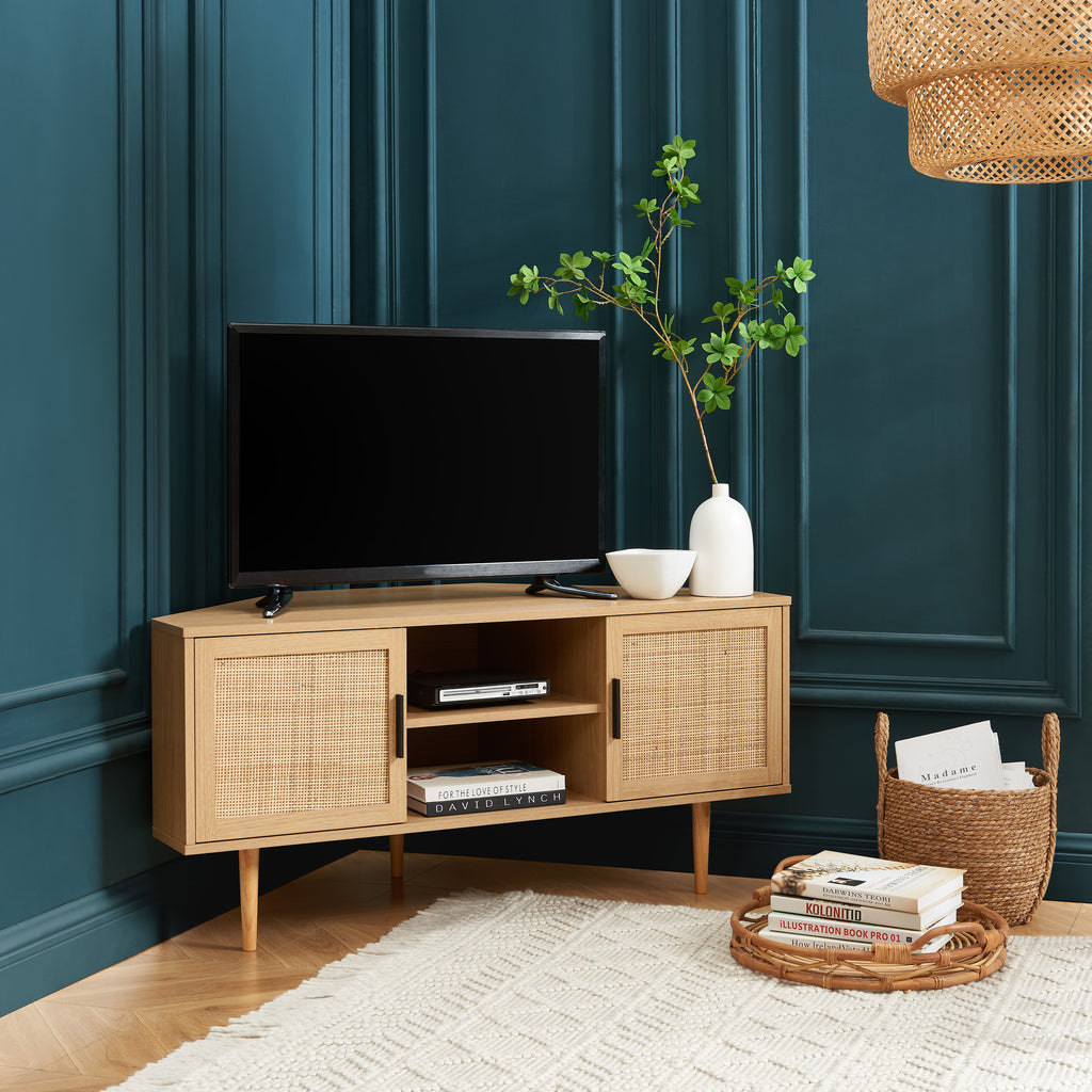 AMANA Oak Effect and Rattan Cane Corner TV Unit