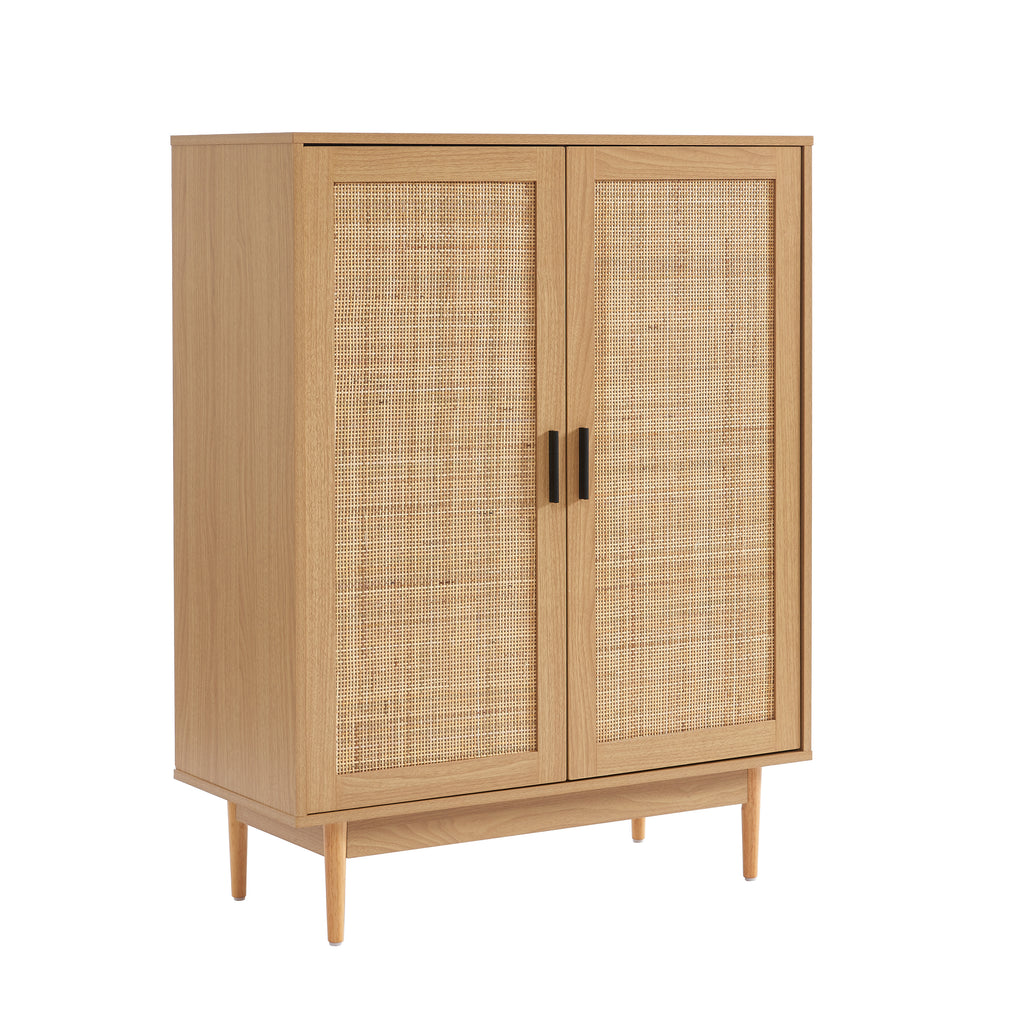 AMANA Tall Oak Effect and Rattan Cane Sideboard with 2 Doors - Light wood
