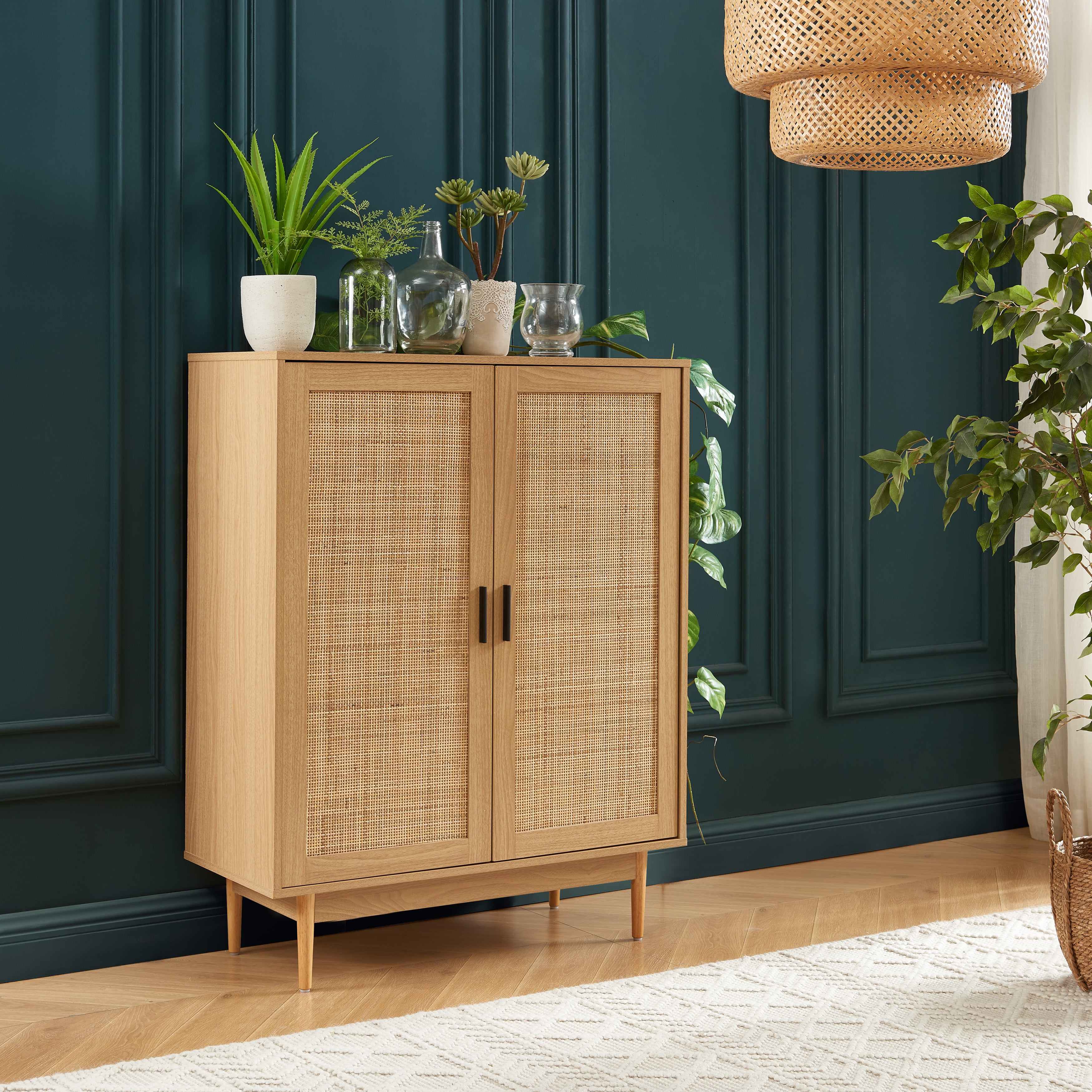 AMANA Tall Oak Effect and Rattan Cane Sideboard with 2 Doors - Light wood