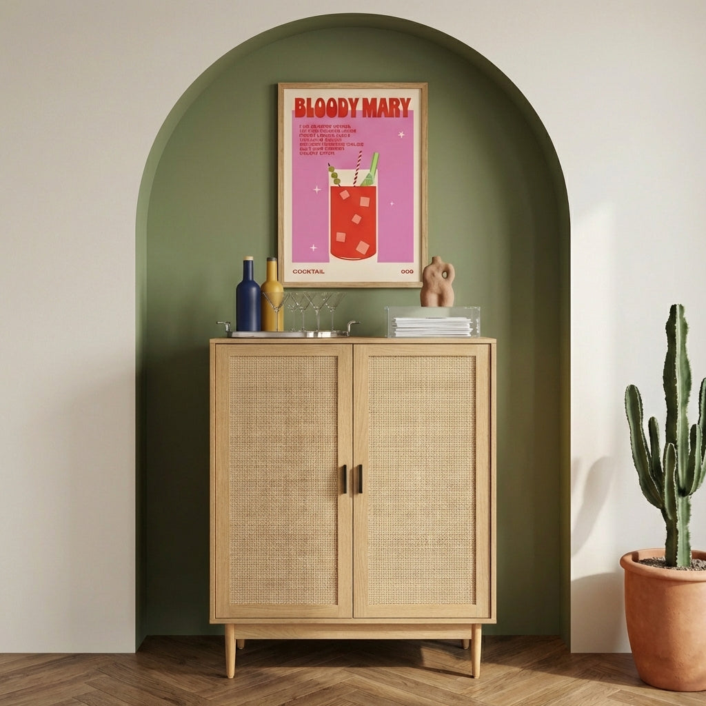 AMANA Tall Oak Effect and Rattan Cane Sideboard with 2 Doors - Light wood