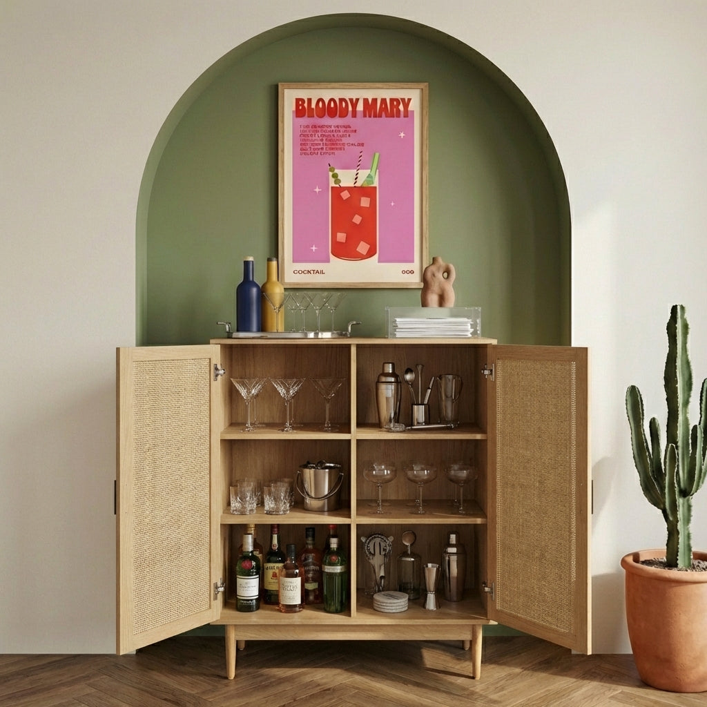 AMANA Tall Oak Effect and Rattan Cane Sideboard with 2 Doors - Light wood