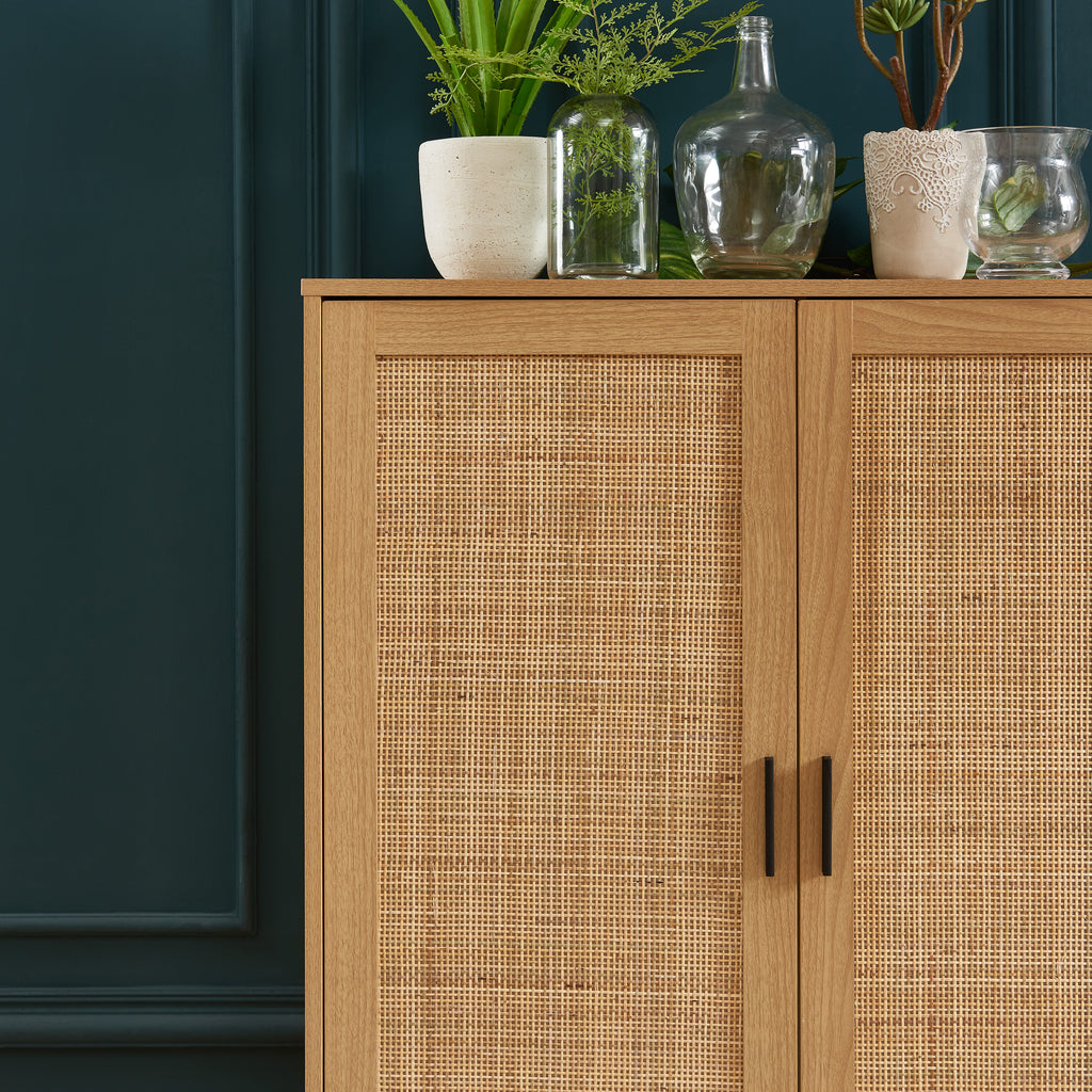 AMANA Tall Oak Effect and Rattan Cane Sideboard with 2 Doors - Light wood