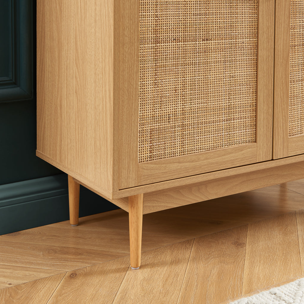 AMANA Tall Oak Effect and Rattan Cane Sideboard with 2 Doors - Light wood