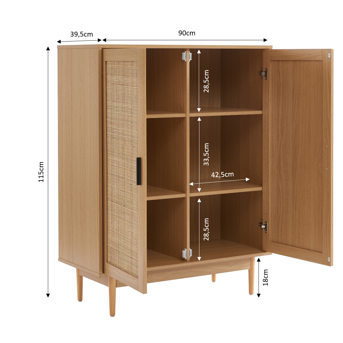AMANA Tall Oak Effect and Rattan Cane Sideboard with 2 Doors - Light wood