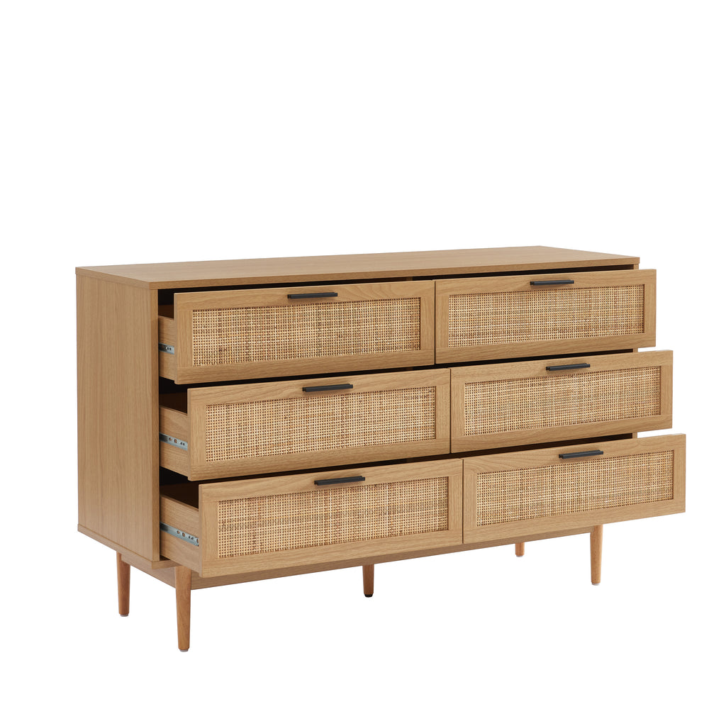 AMANA Oak Effect and Rattan Cane Chest of Drawers with 6 Drawers