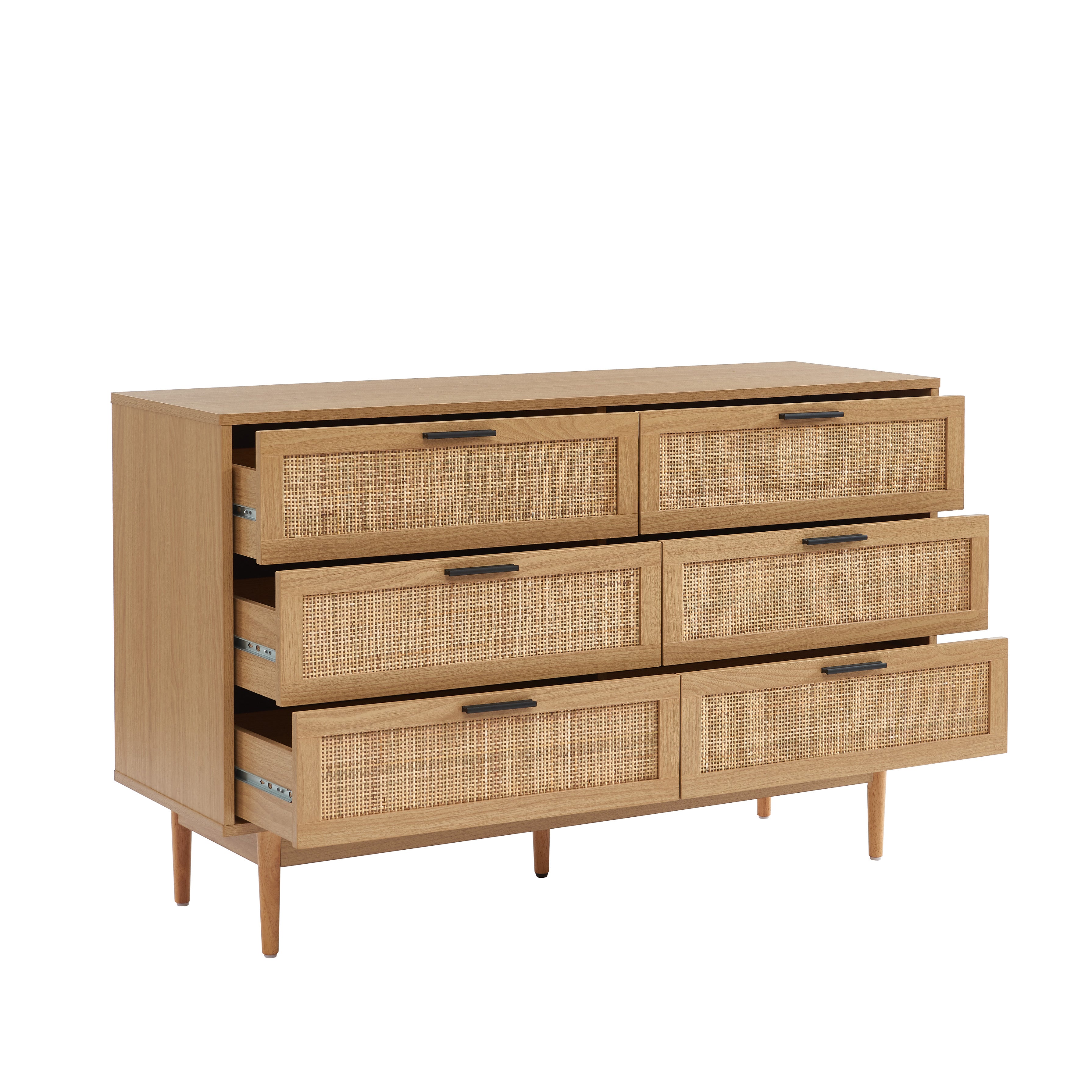 AMANA Oak Effect and Rattan Cane Chest of Drawers with 6 Drawers