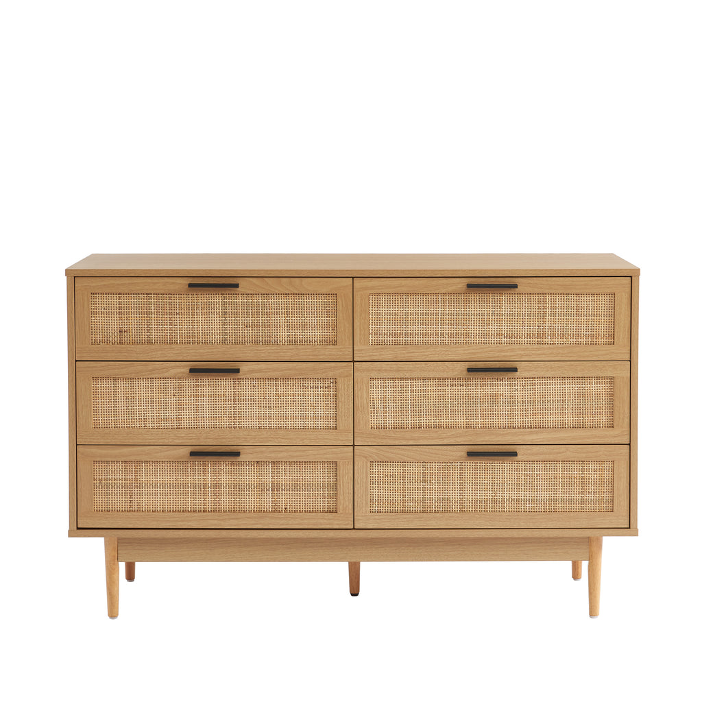 AMANA Oak Effect and Rattan Cane Chest of Drawers with 6 Drawers