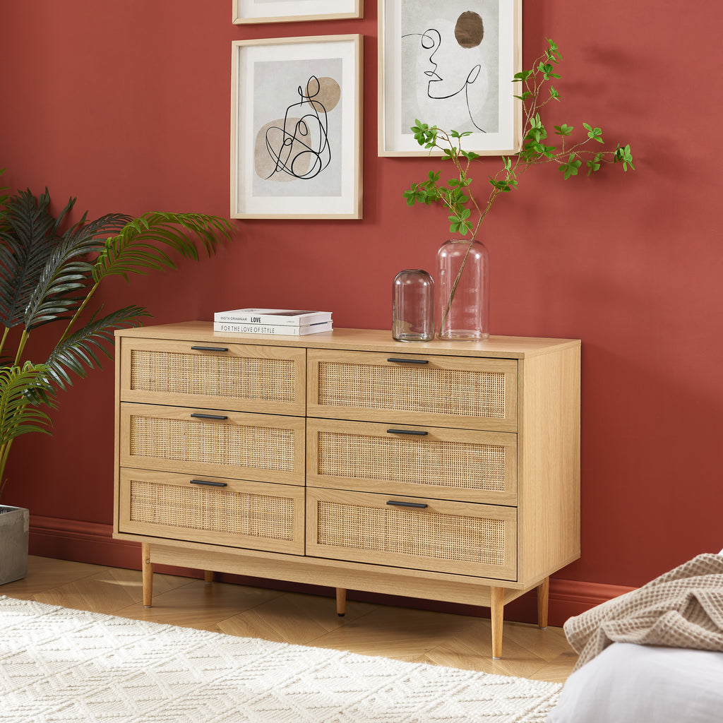 AMANA Oak Effect and Rattan Cane Chest of Drawers with 6 Drawers