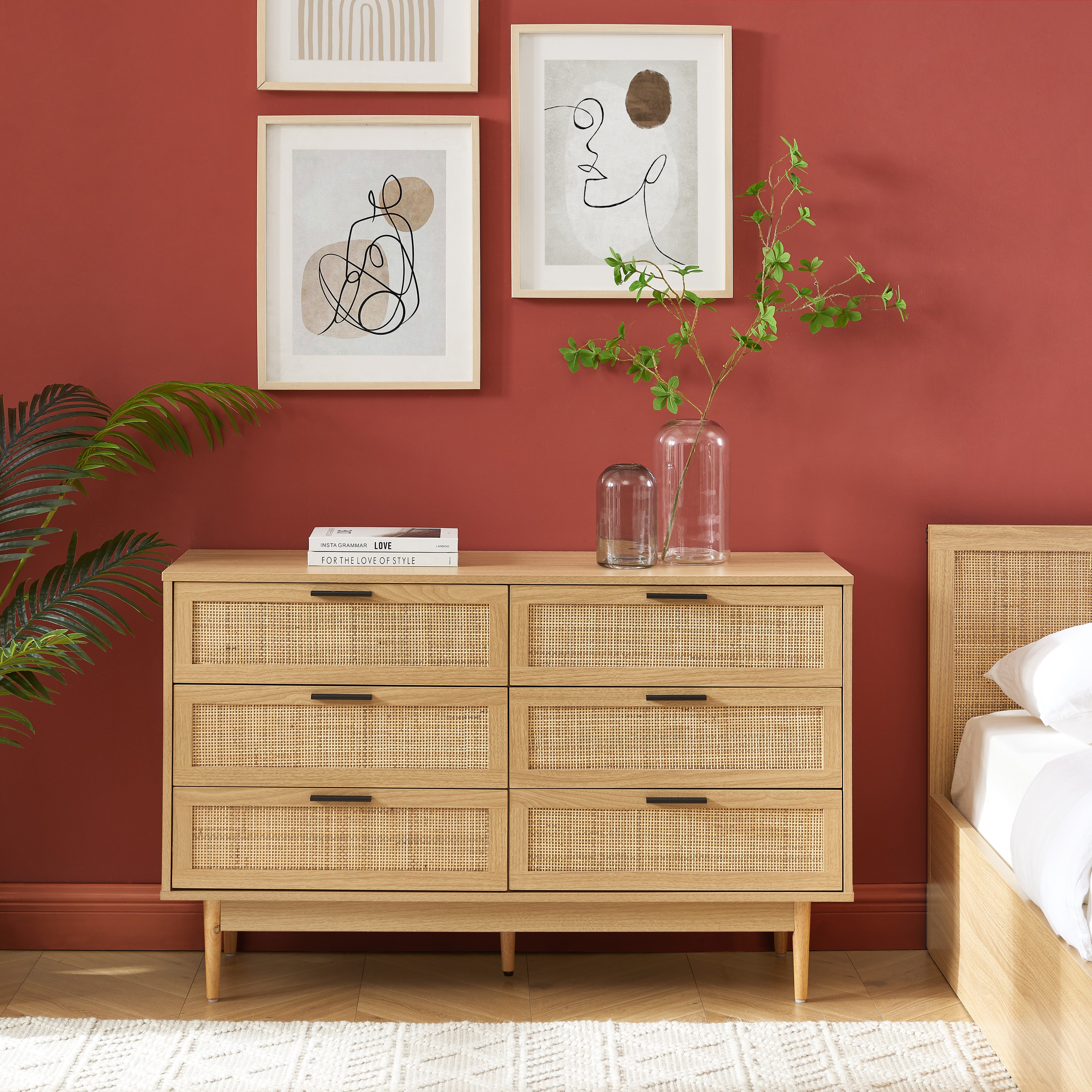 AMANA Oak Effect and Rattan Cane Chest of Drawers with 6 Drawers