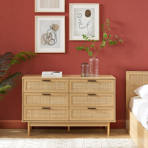 AMANA Oak Effect and Rattan Cane Chest of Drawers with 6 Drawers