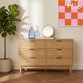 AMANA Oak Effect and Rattan Cane Chest of Drawers with 6 Drawers