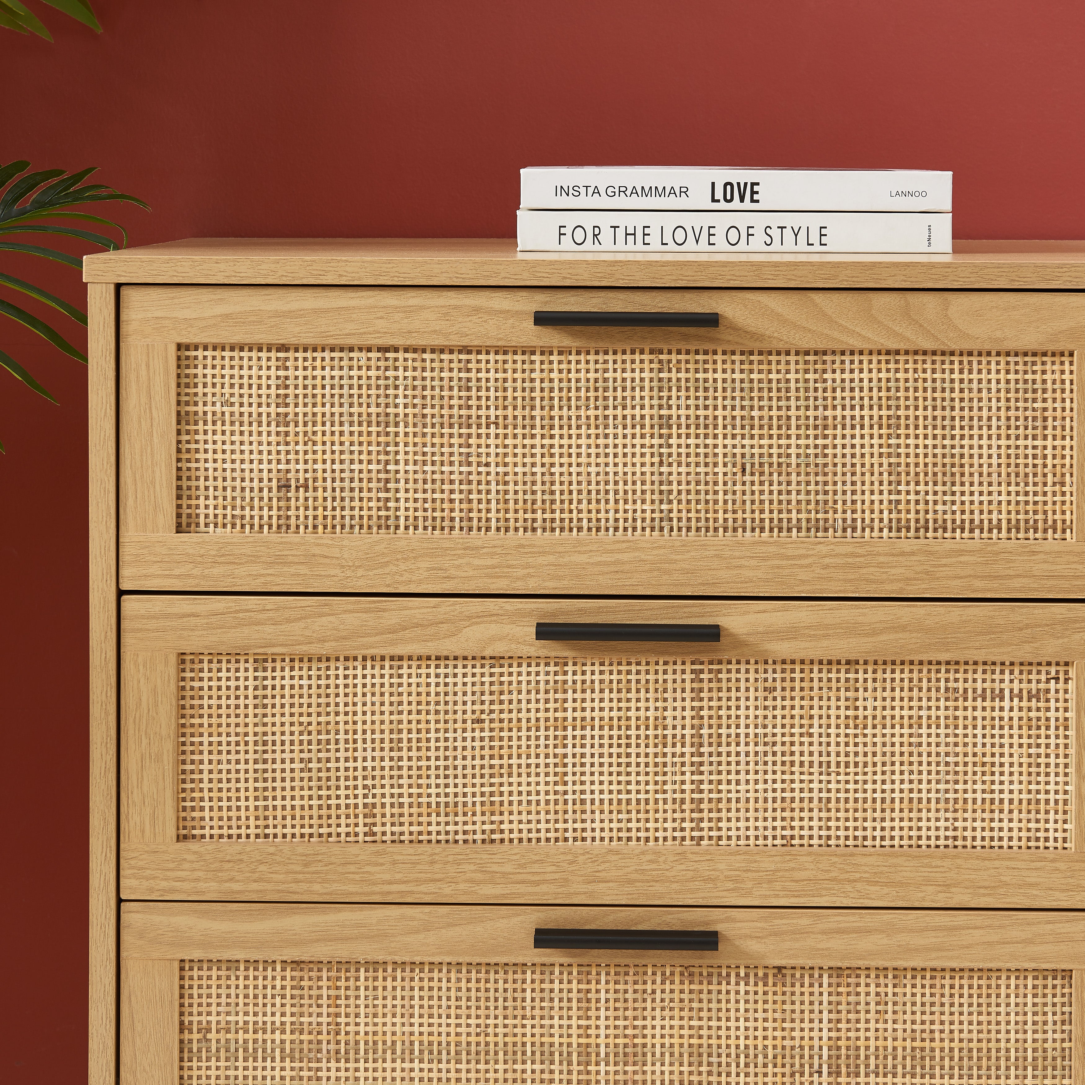 AMANA Oak Effect and Rattan Cane Chest of Drawers with 6 Drawers