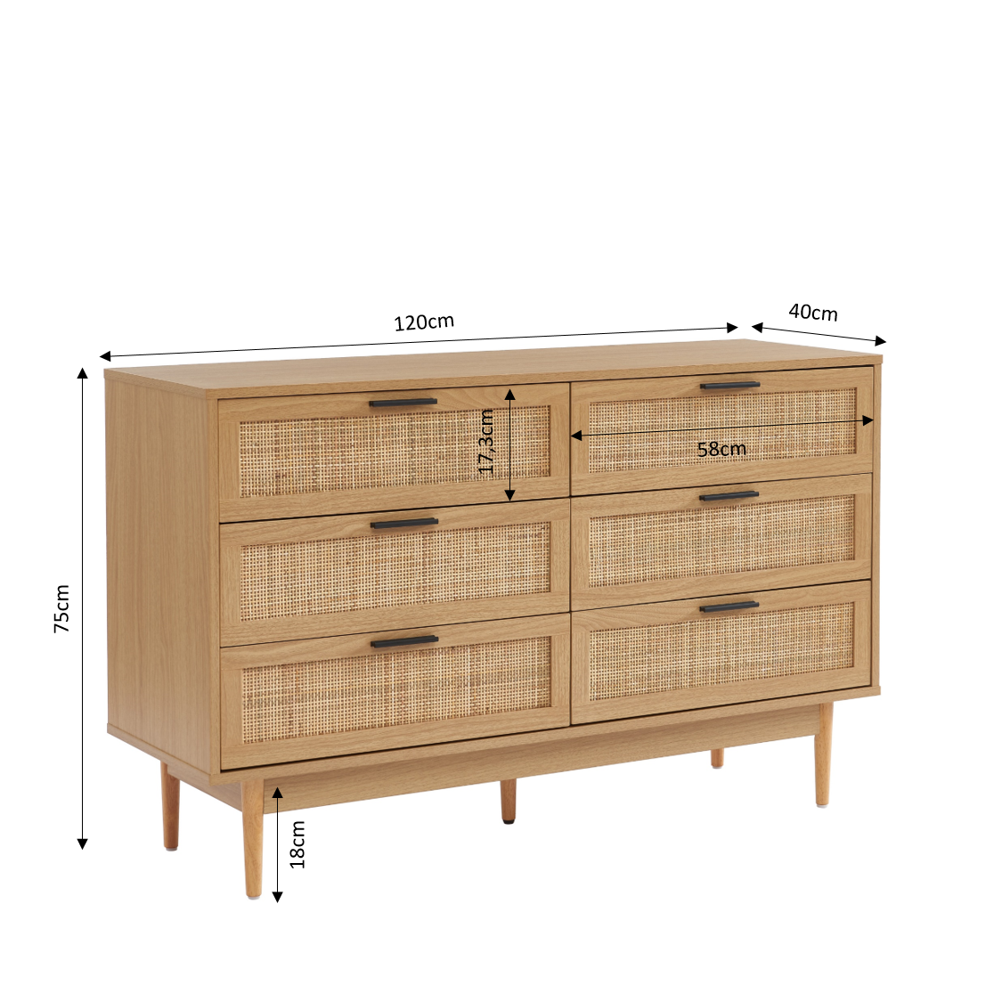 AMANA Oak Effect and Rattan Cane Chest of Drawers with 6 Drawers