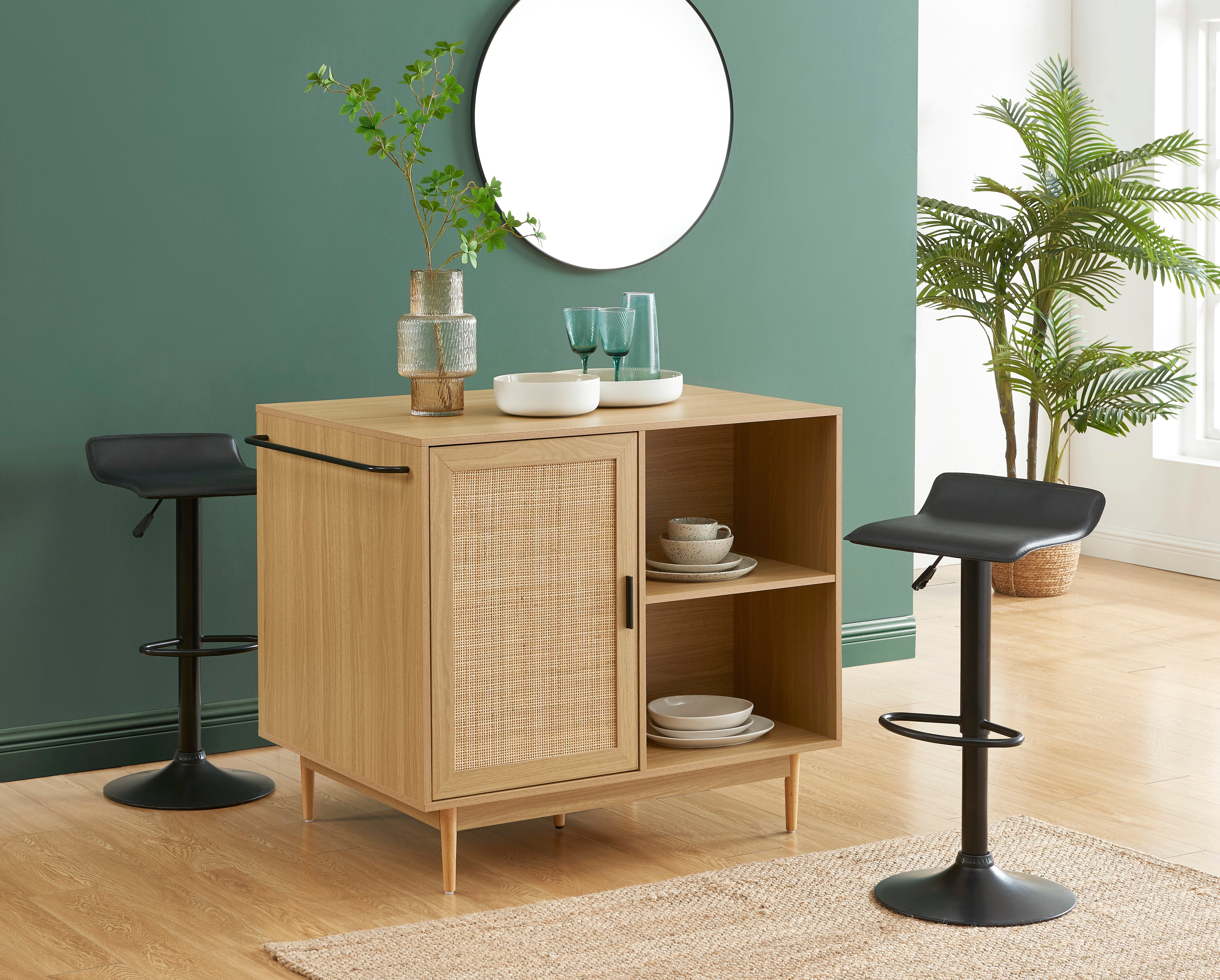 AMANA Kitchen Island with Oak Effect and Rattan Cane Finish