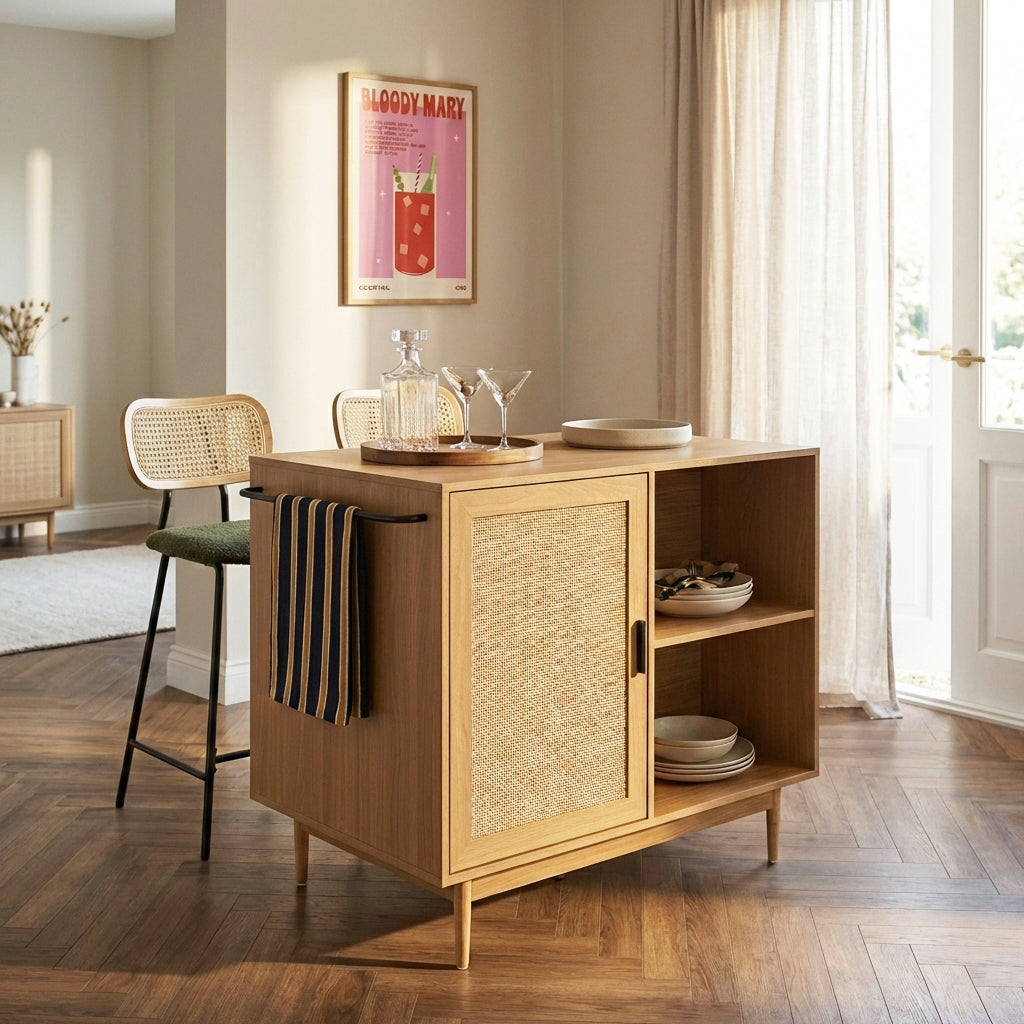 AMANA Kitchen Island with Oak Effect and Rattan Cane Finish