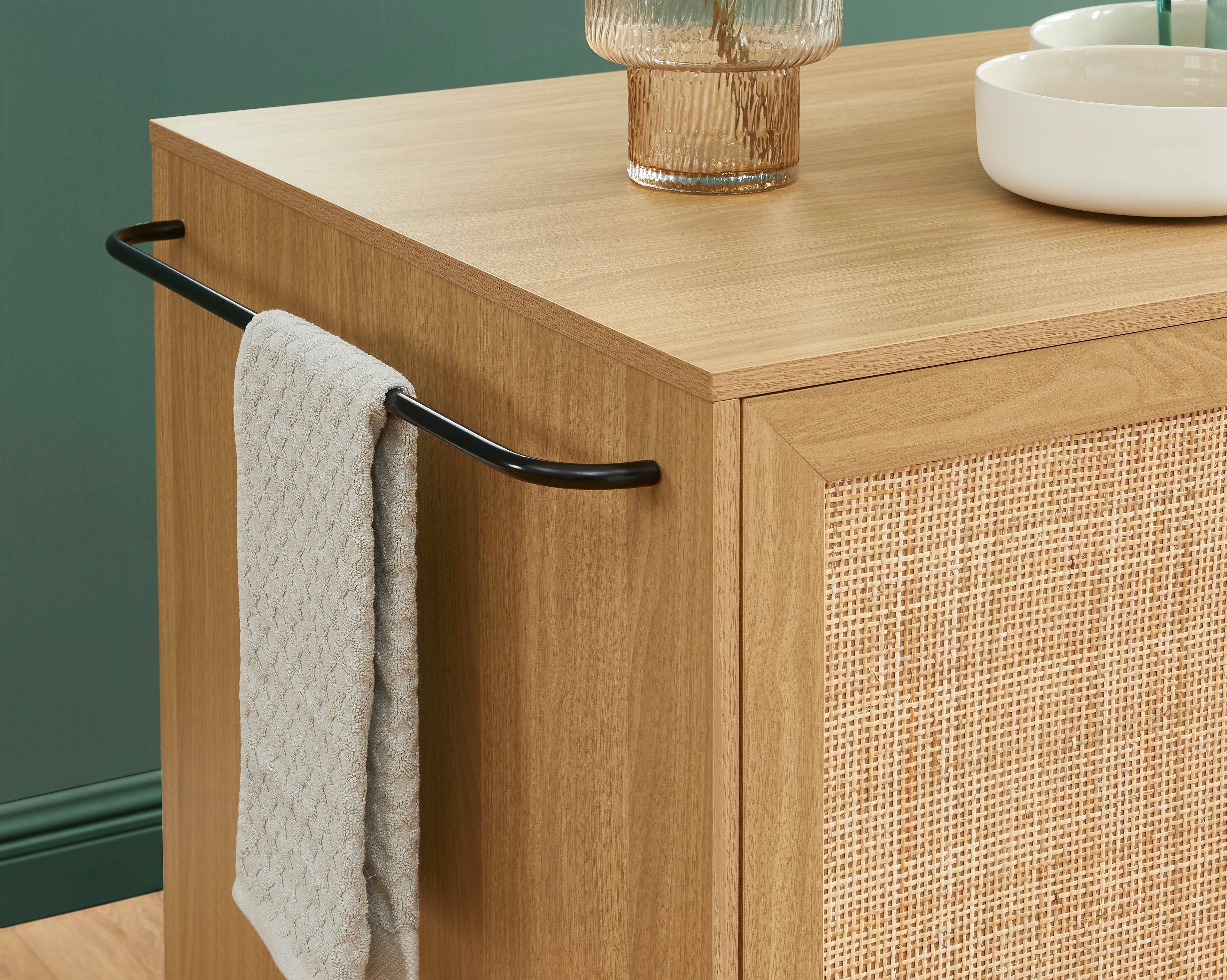AMANA Kitchen Island with Oak Effect and Rattan Cane Finish