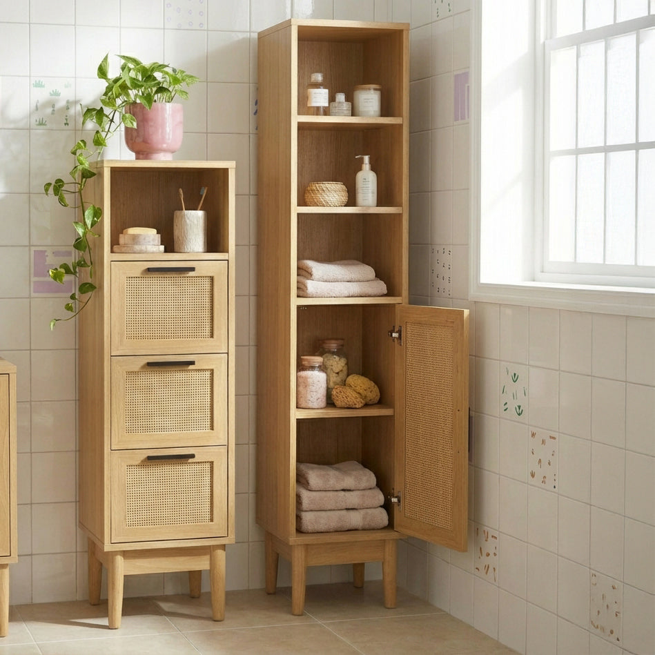 AMANA Tall Bathroom Cabinet with Oak Effect and Rattan Cane