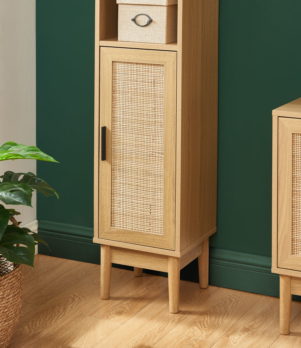 AMANA Tall Bathroom Cabinet with Oak Effect and Rattan Cane