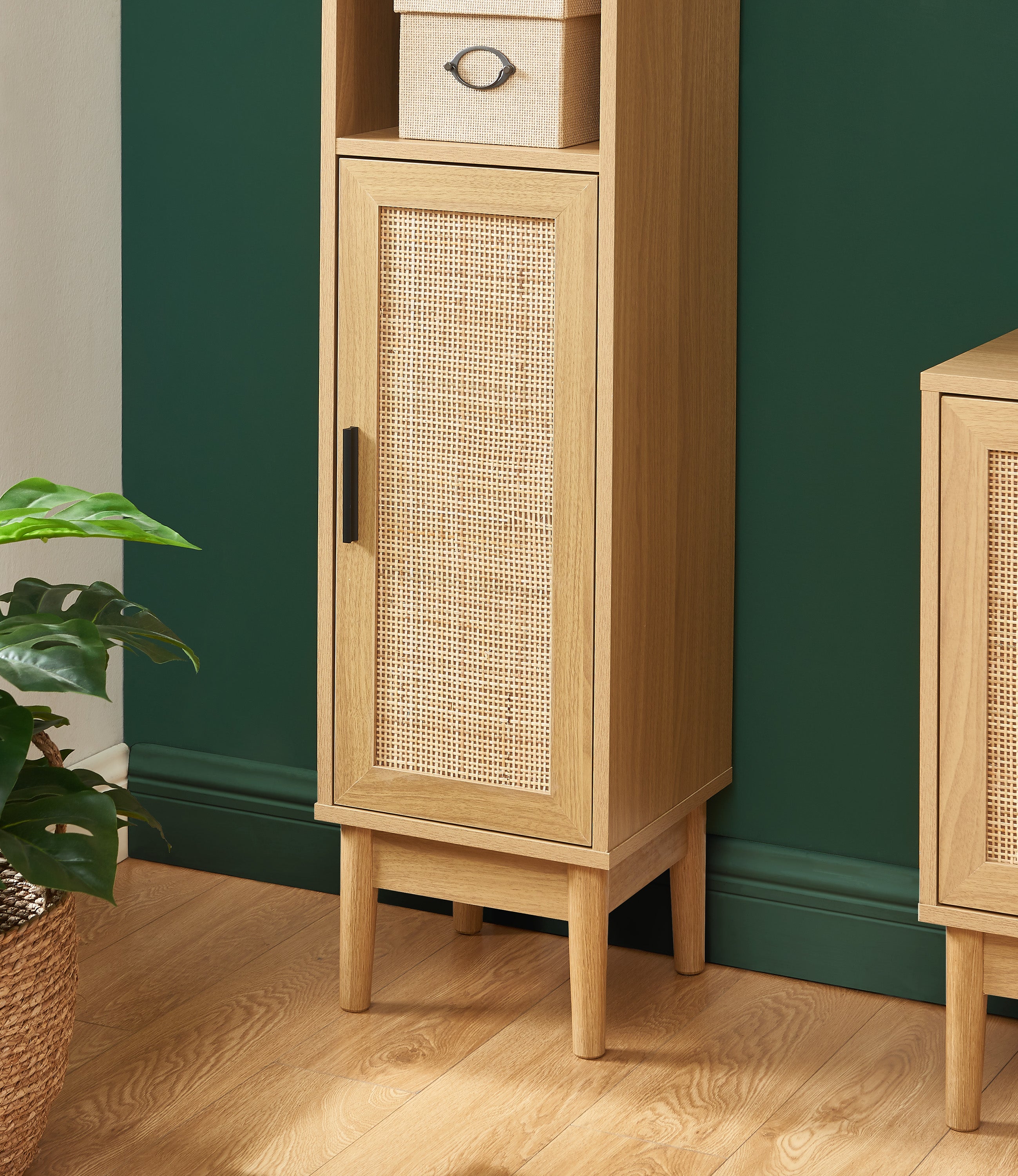 AMANA Tall Bathroom Cabinet with Oak Effect and Rattan Cane