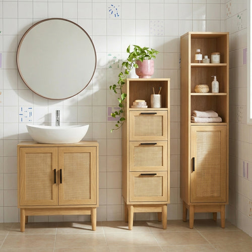 AMANA Tall Bathroom Cabinet with Oak Effect and Rattan Cane – Almond green