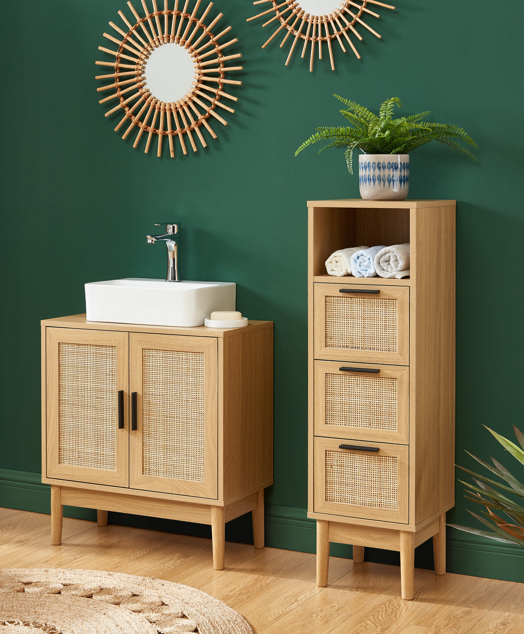 AMANA Half-Height Bathroom Cabinet with Oak Effect and Rattan Cane – Almond green