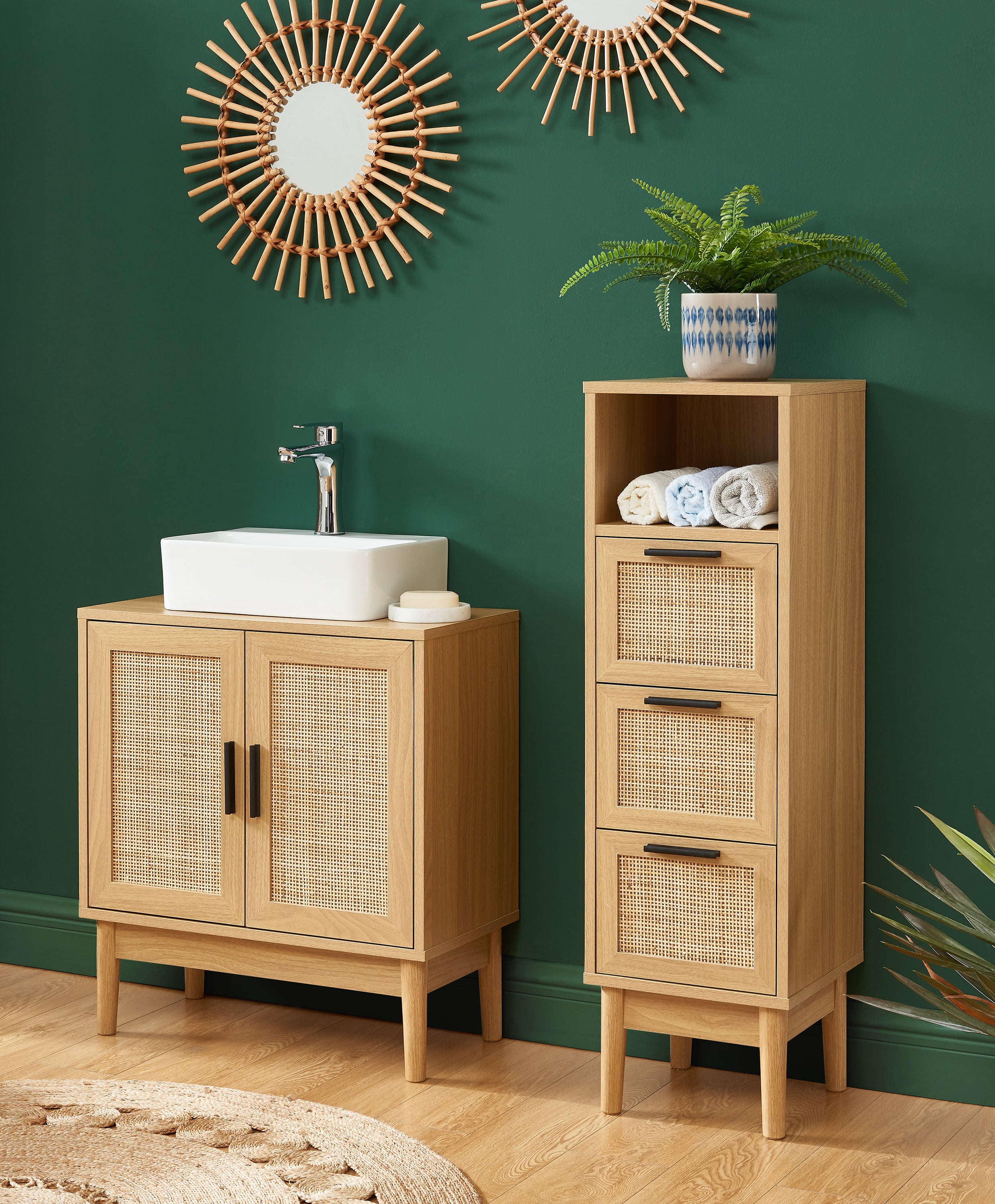 AMANA Half-Height Bathroom Cabinet with Oak Effect and Rattan Cane – Almond green
