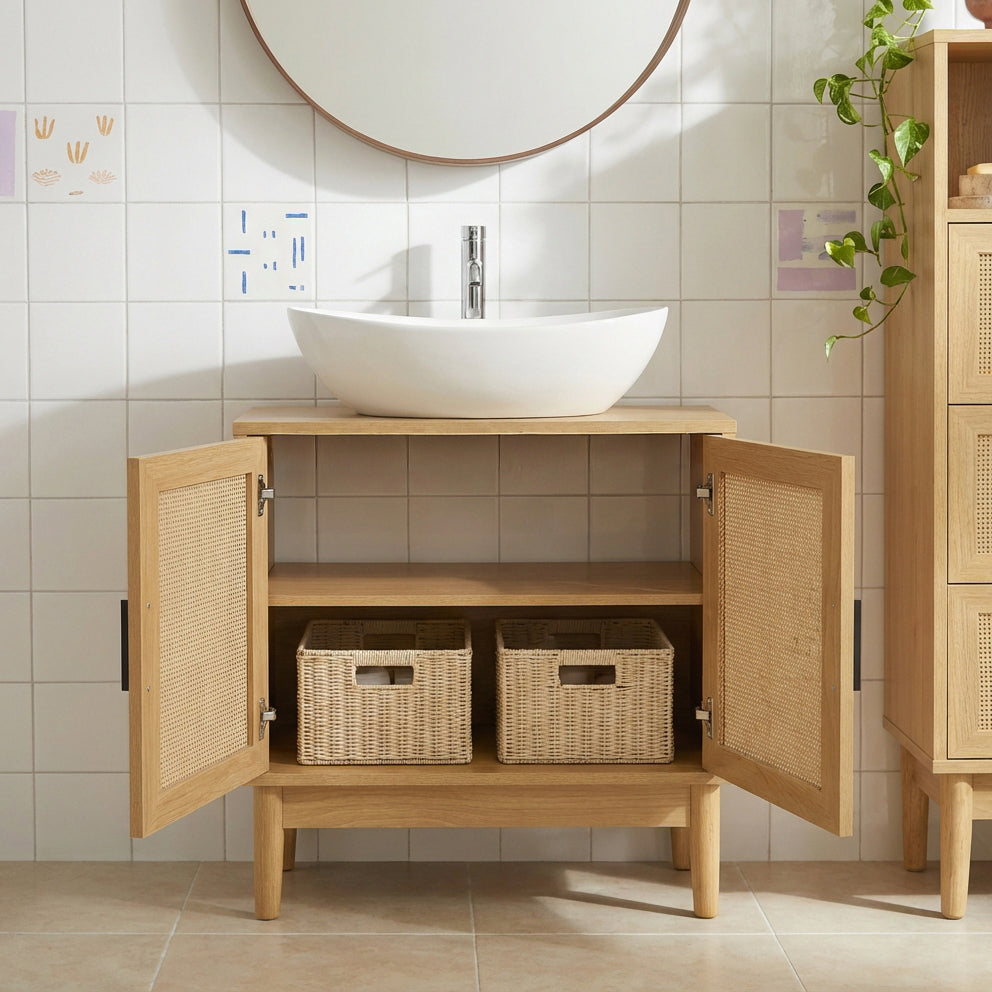 AMANA Compact Bathroom Vanity Unit with Oak Effect and Rattan Cane