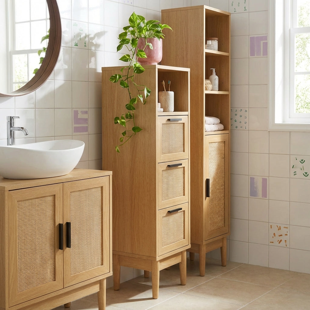 AMANA Half-Height Bathroom Cabinet with Oak Effect and Rattan Cane