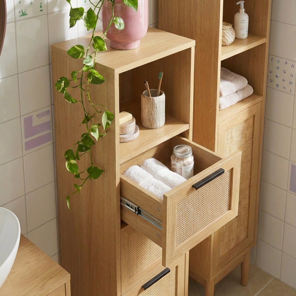 AMANA Half-Height Bathroom Cabinet with Oak Effect and Rattan Cane