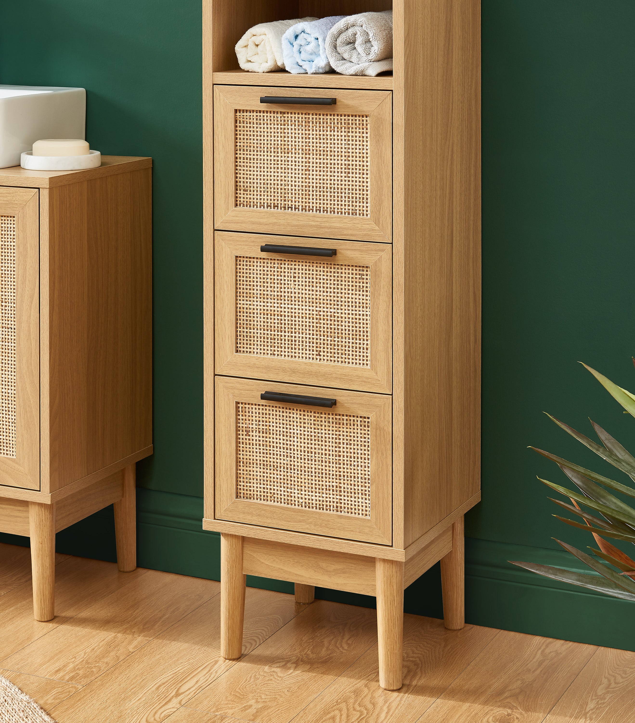 AMANA Half-Height Bathroom Cabinet with Oak Effect and Rattan Cane