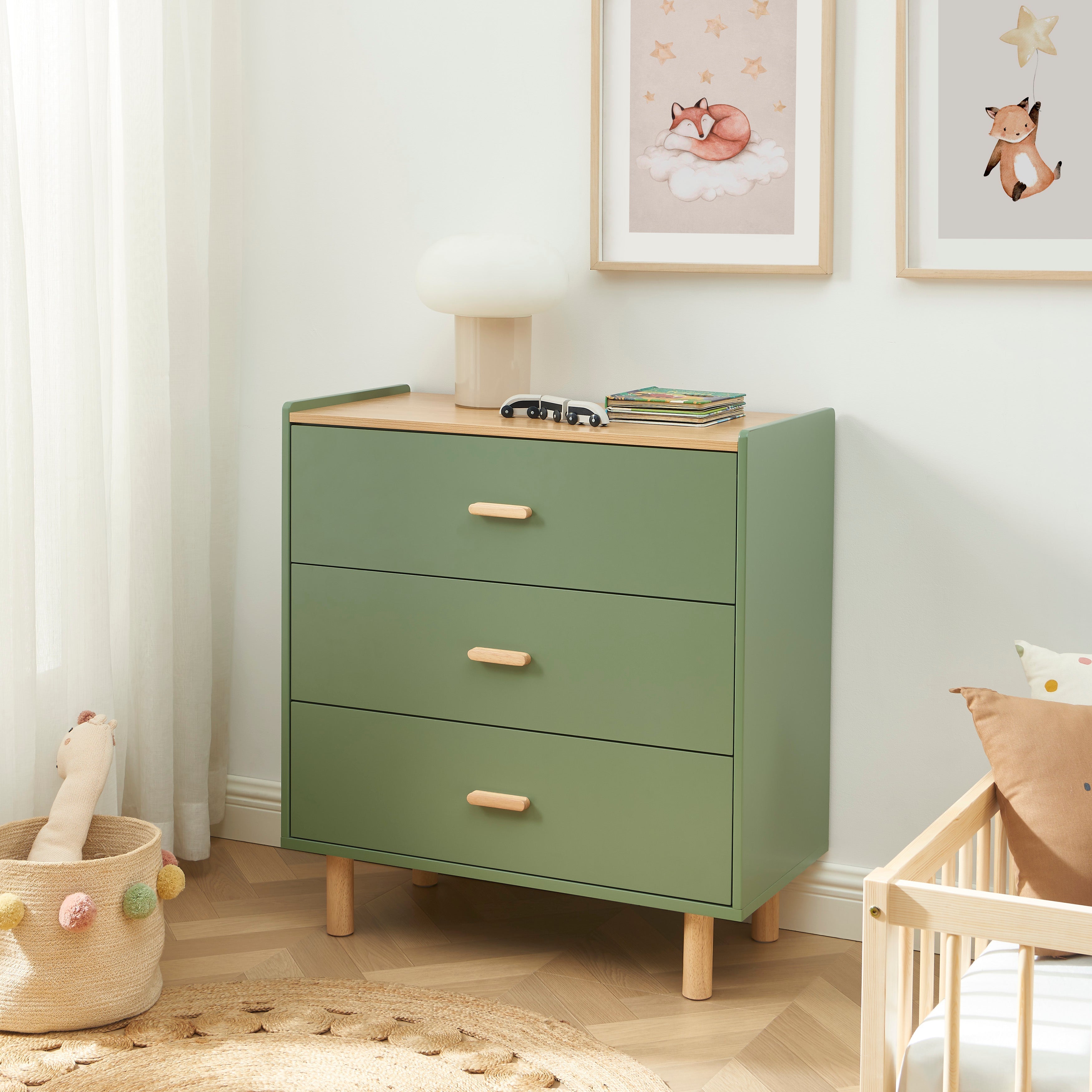 Kids Chest Of Drawers Aura 3 Drawers Green et Oak-effect 80 Cm – Green