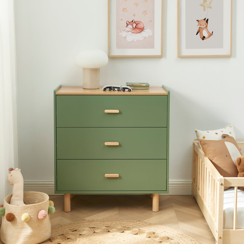 Kids Chest Of Drawers Aura 3 Drawers Green et Oak-effect 80 Cm – Green