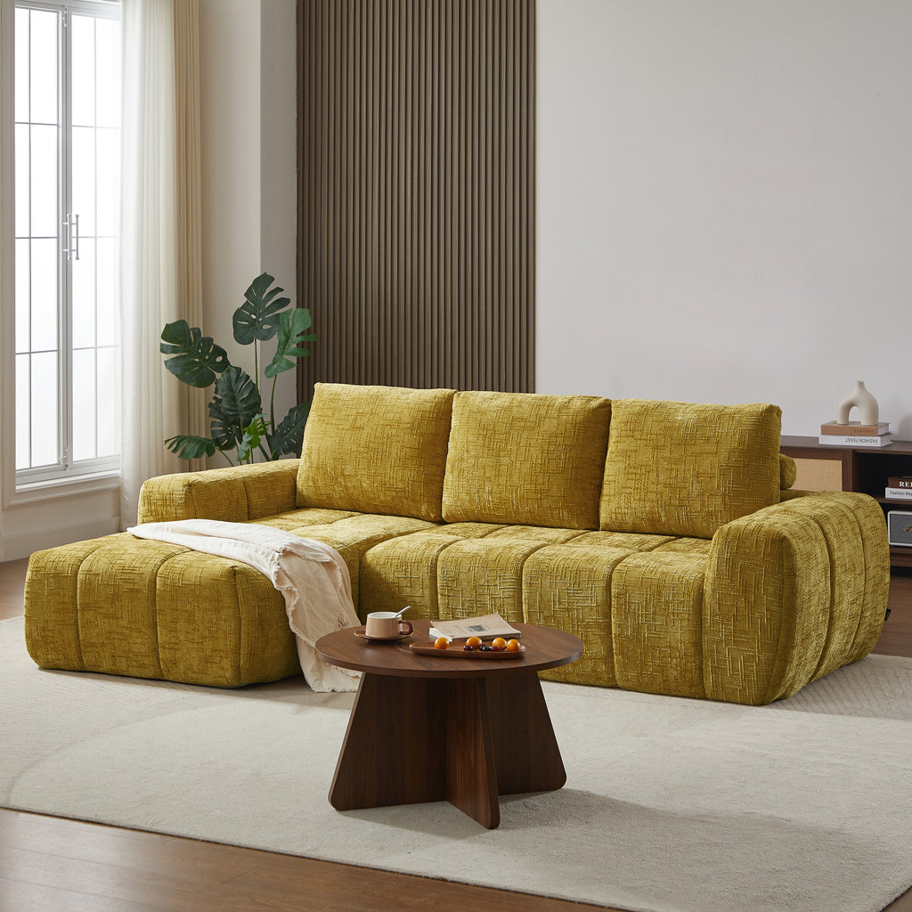 AUREA Left-Facing Fabric Corner Sofa – Yellow Mustard