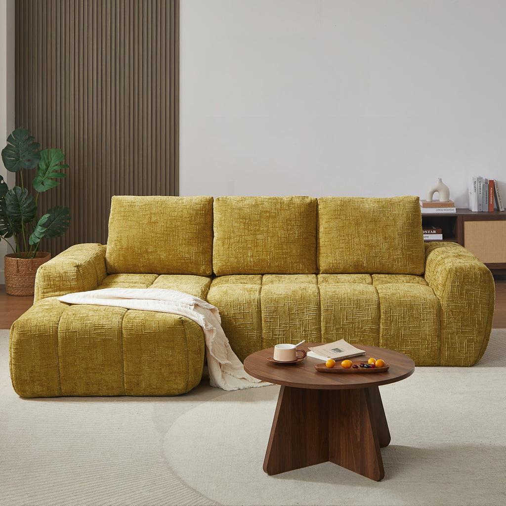 AUREA Left-Facing Fabric Corner Sofa – Yellow Mustard