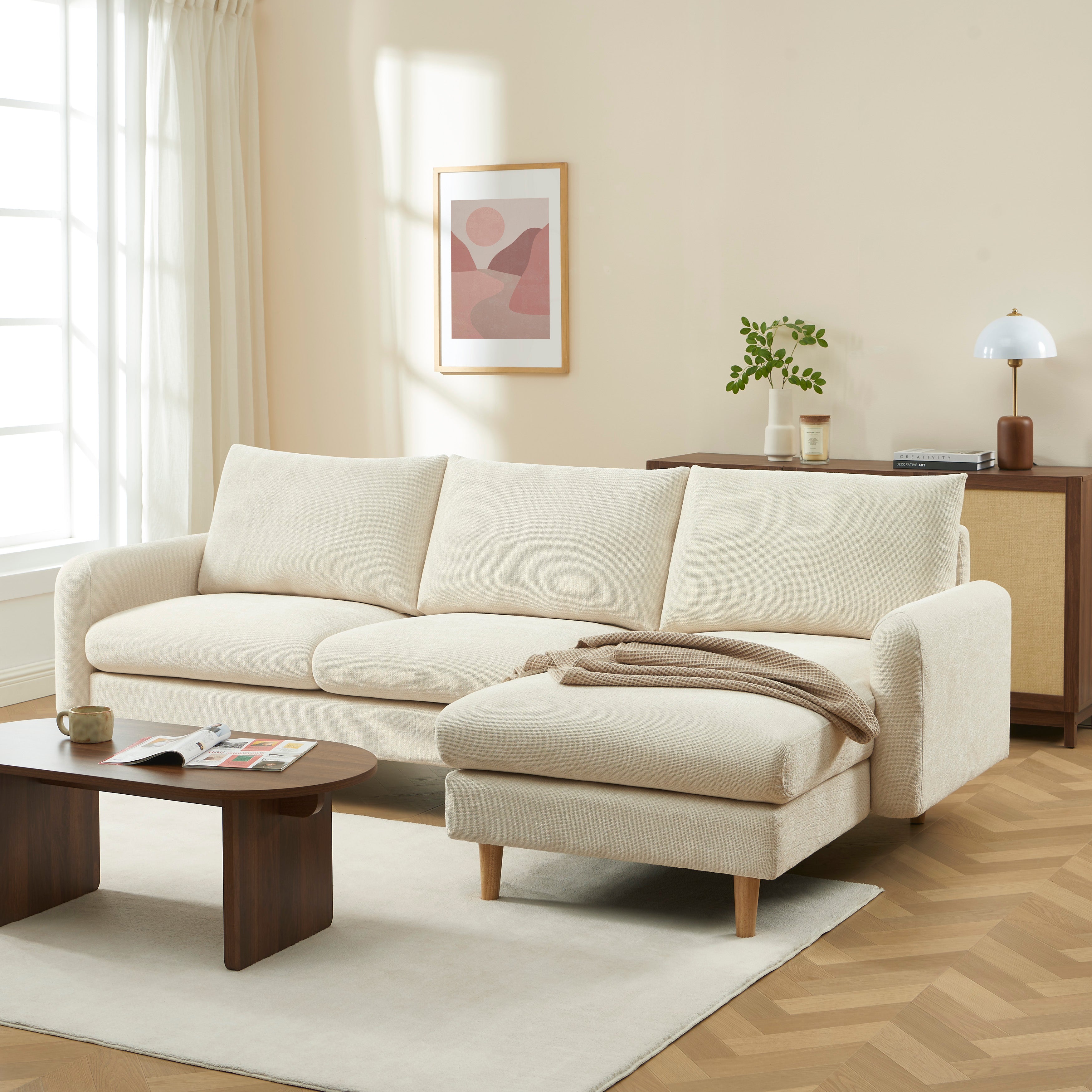 Reversible Fixed Corner Sofa Caliba 4 Seater Chenille Beige – Beige