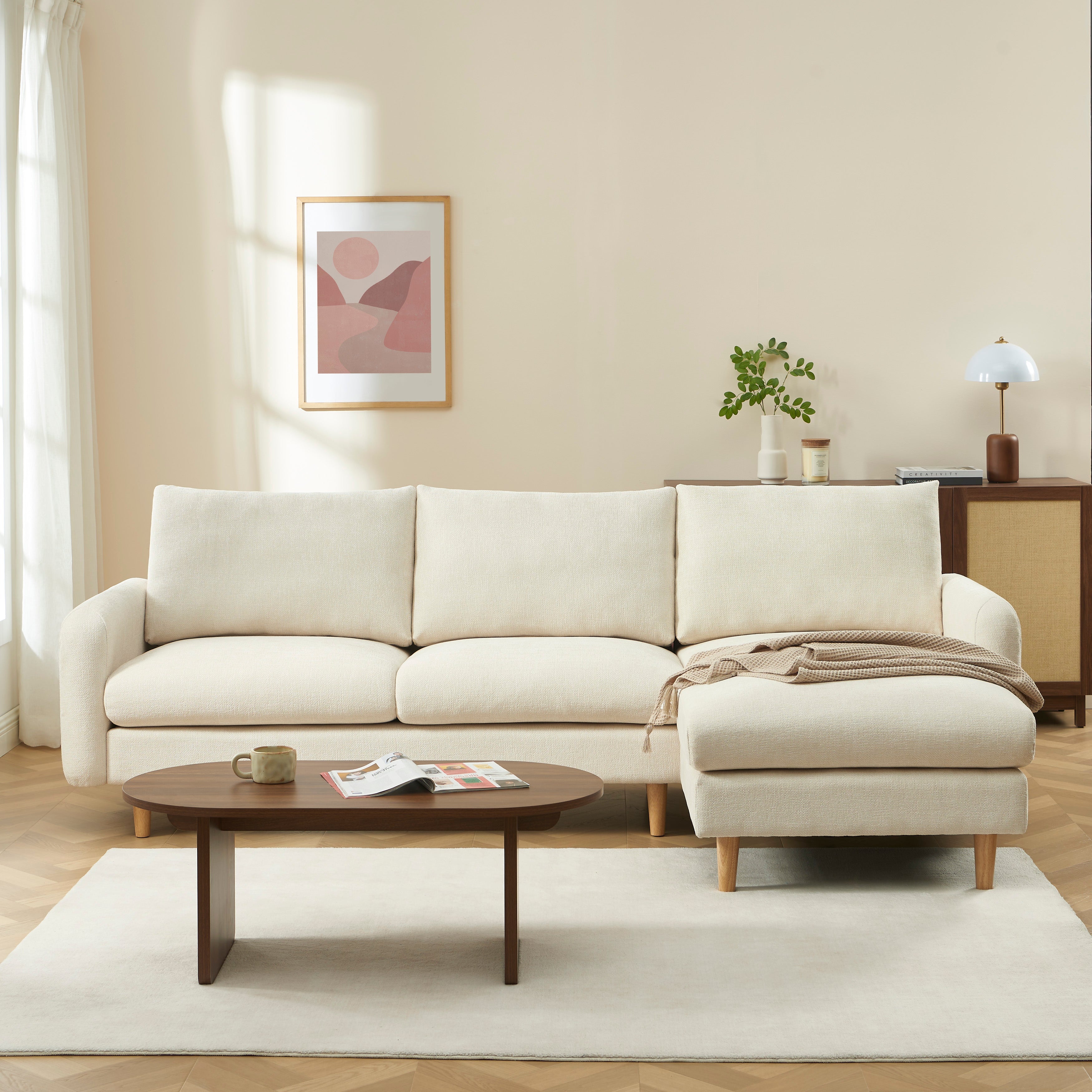 Reversible Fixed Corner Sofa Caliba 4 Seater Chenille Beige – Beige