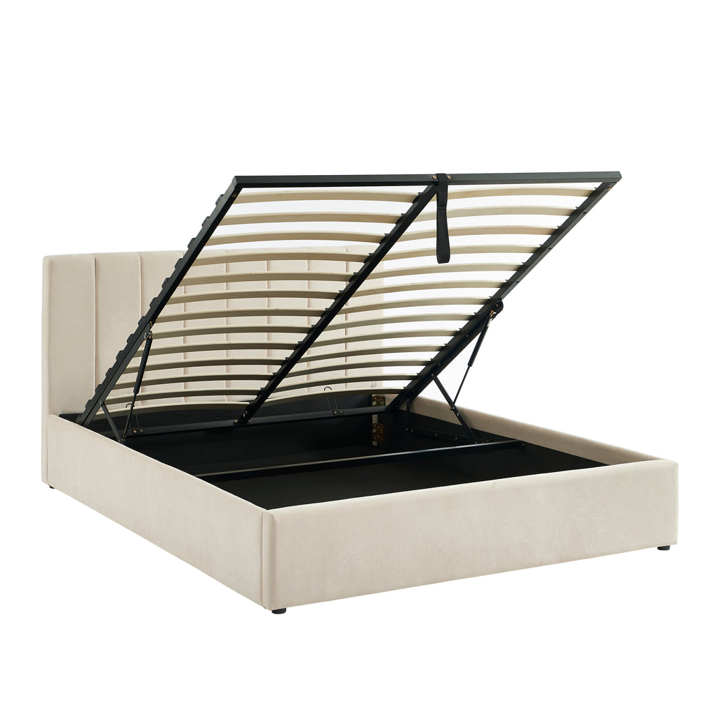DARIO Upholstered Storage Bed with Slatted Base – Beige