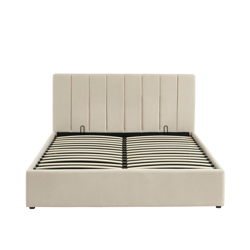 DARIO Upholstered Storage Bed with Slatted Base – Beige