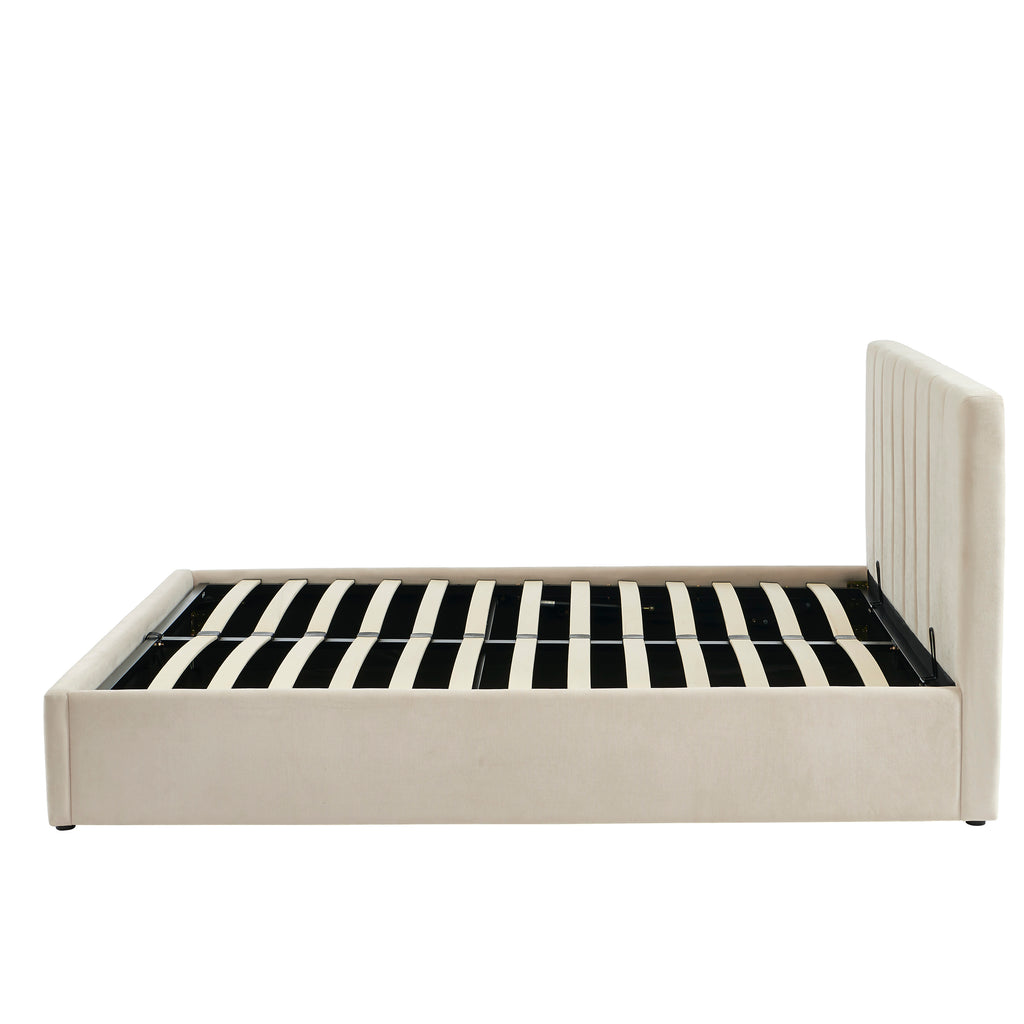 DARIO Upholstered Storage Bed with Slatted Base – Beige