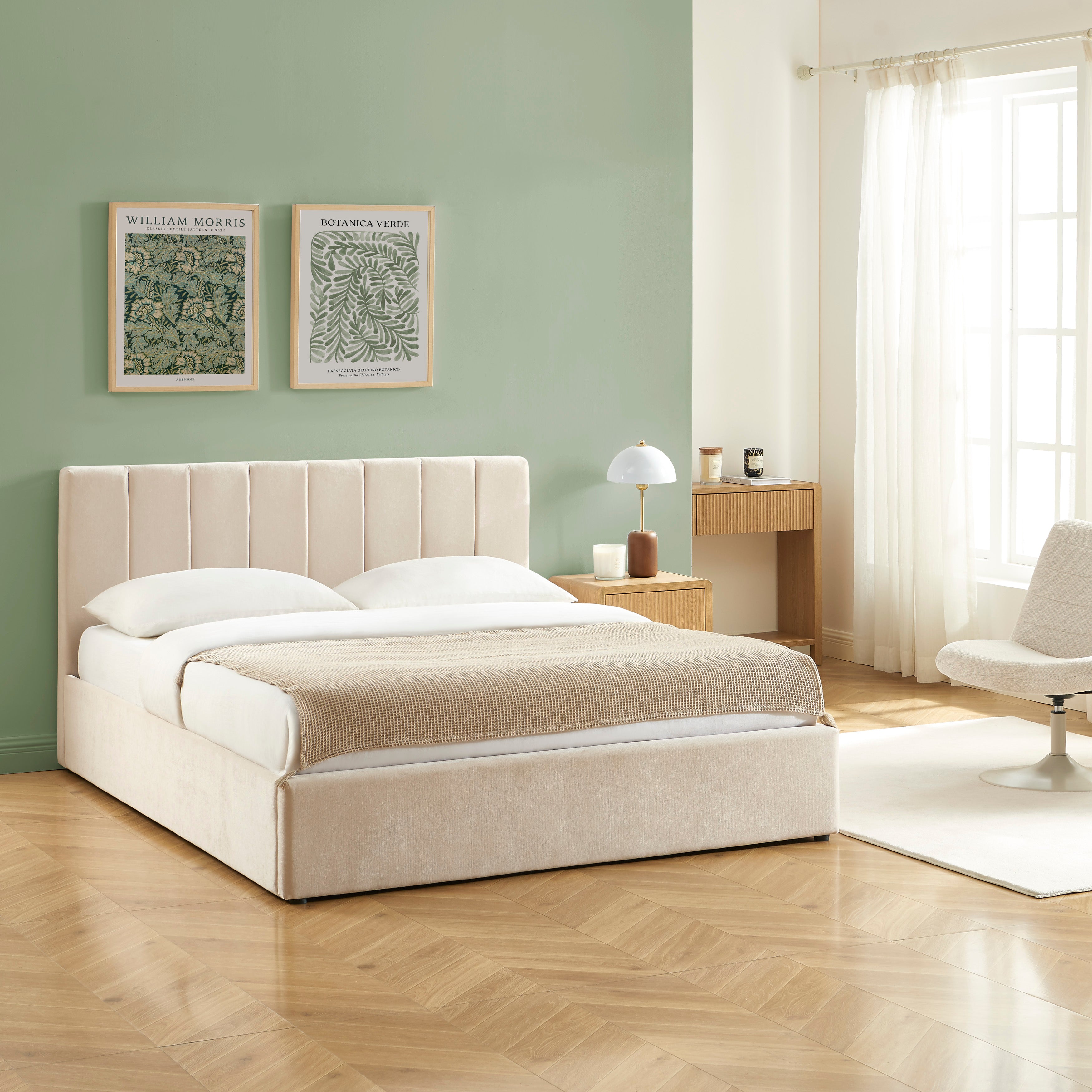 DARIO Upholstered Storage Bed with Slatted Base – Beige
