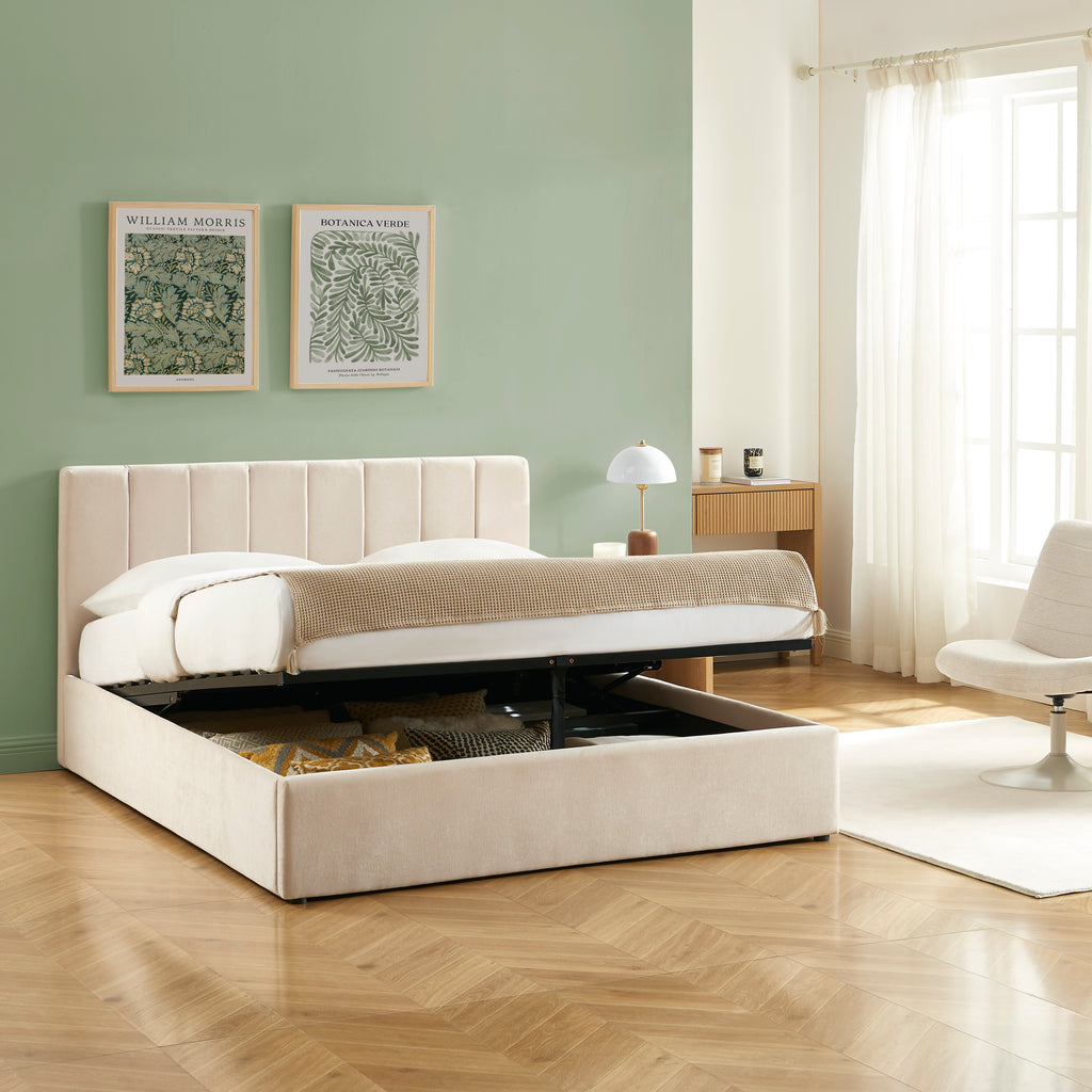 DARIO Upholstered Storage Bed with Slatted Base – Beige