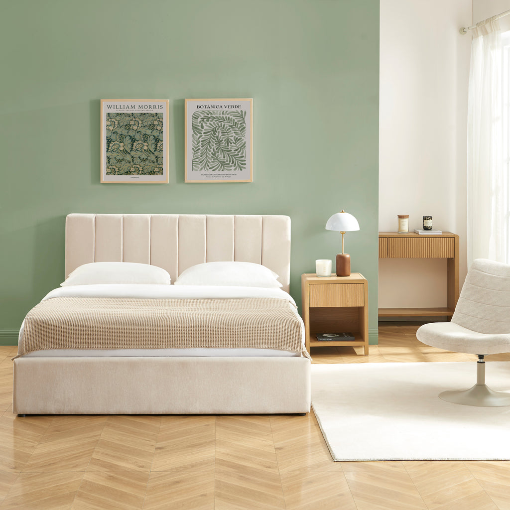 DARIO Upholstered Storage Bed with Slatted Base – Beige