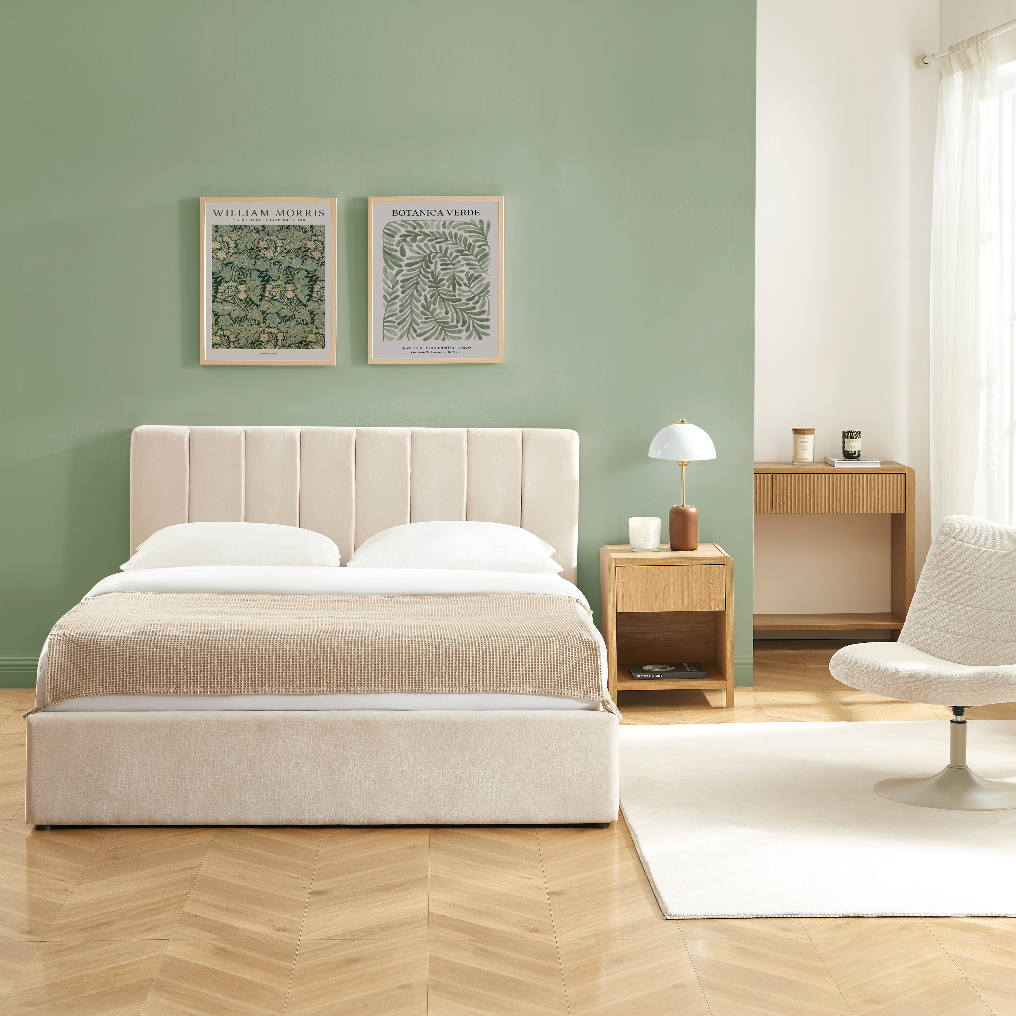DARIO Upholstered Storage Bed with Slatted Base – Beige