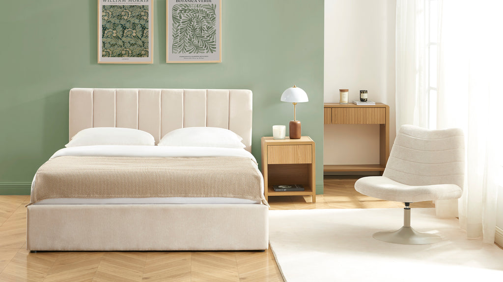 DARIO Upholstered Storage Bed with Slatted Base – Beige