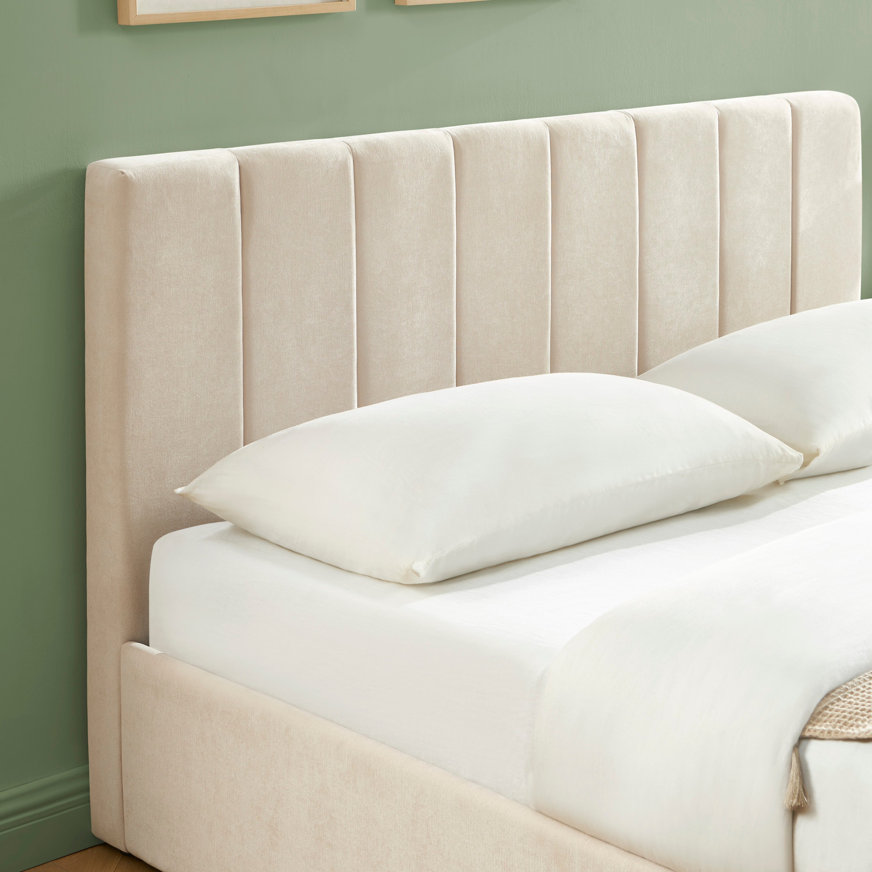 DARIO Upholstered Storage Bed with Slatted Base – Beige