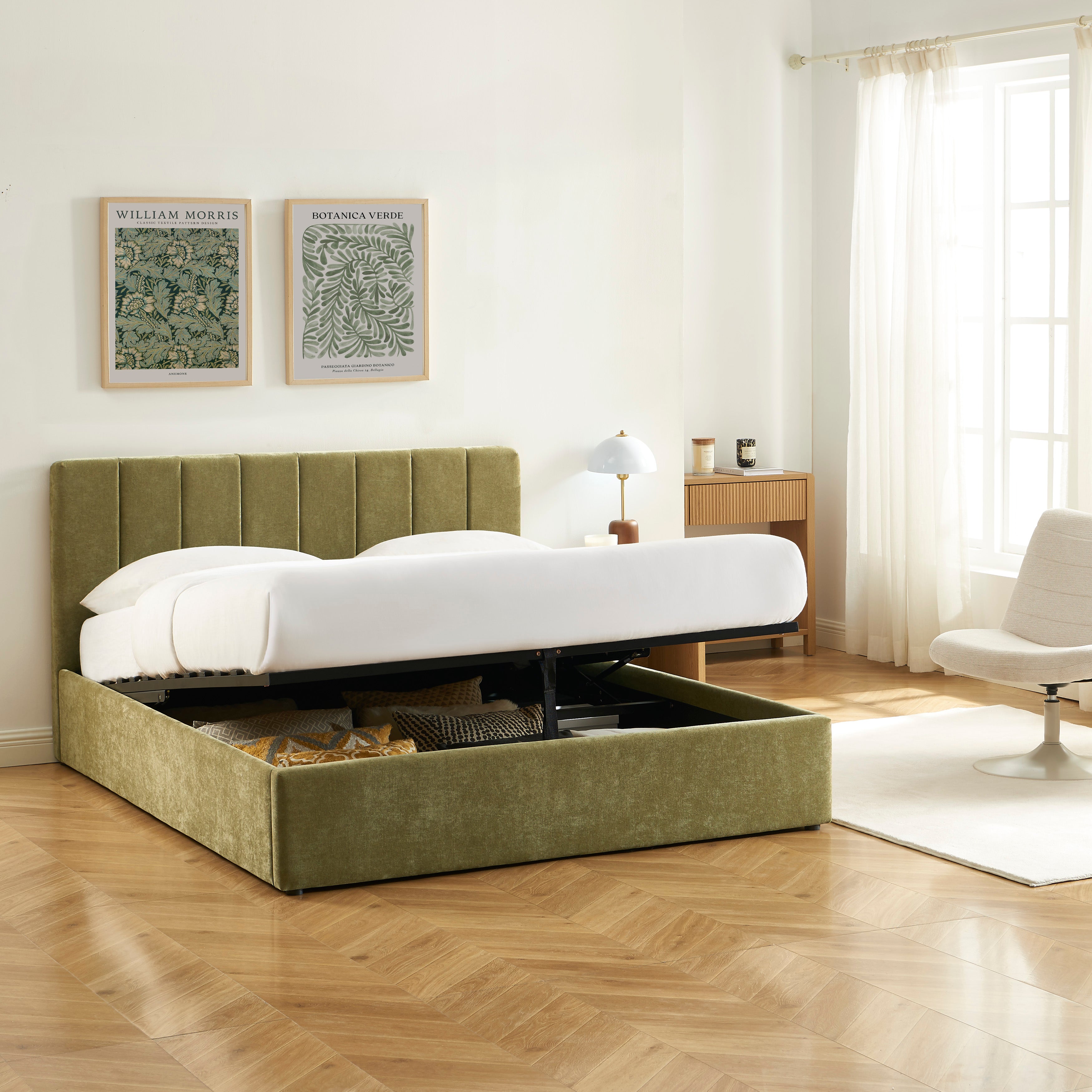 DARIO Upholstered Storage Bed with Slatted Base – Green
