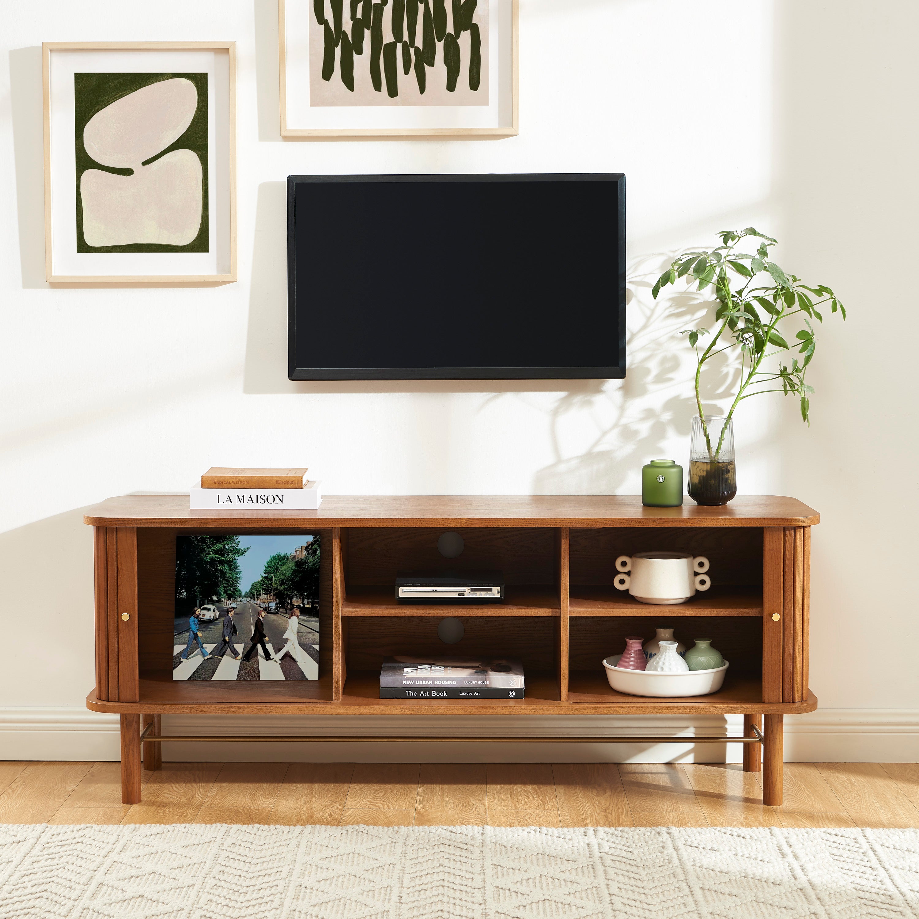 ERNEST Ash Veneer TV Stand with Tambour Doors - Dark wood